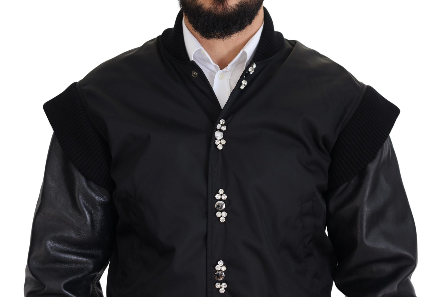 Dolce & Gabbana Schwarze Nylon-Kristallmantel-Knöpfe-Jacke
