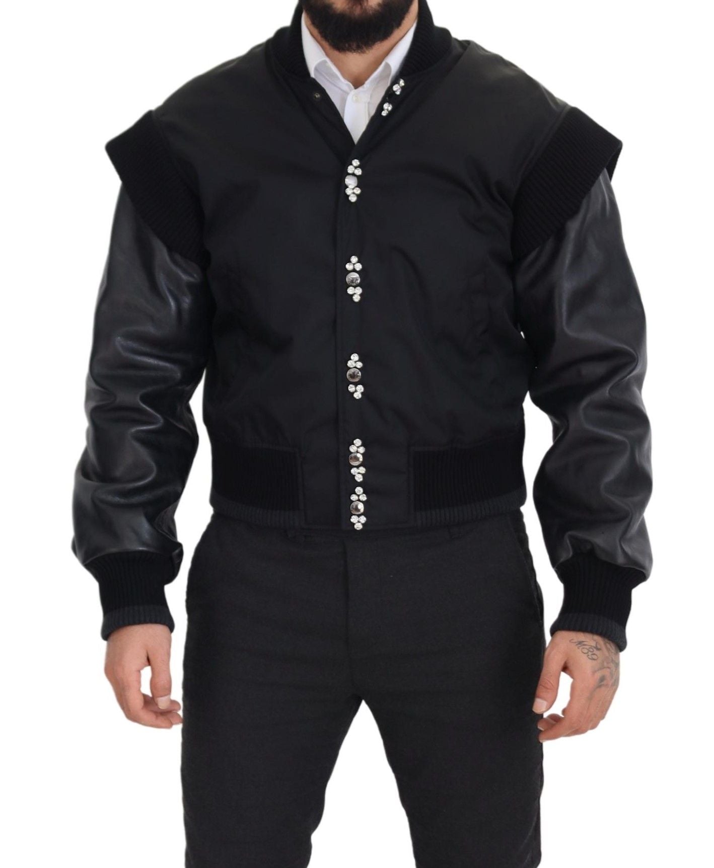 Dolce & Gabbana Schwarze Nylon-Kristallmantel-Knöpfe-Jacke