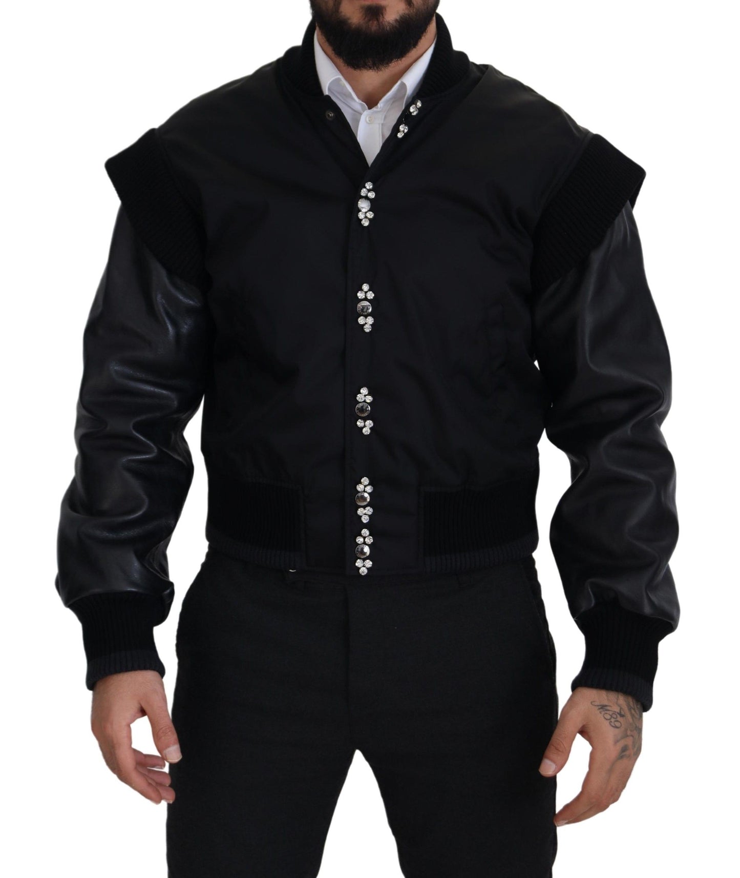 Dolce & Gabbana Schwarze Nylon-Kristallmantel-Knöpfe-Jacke
