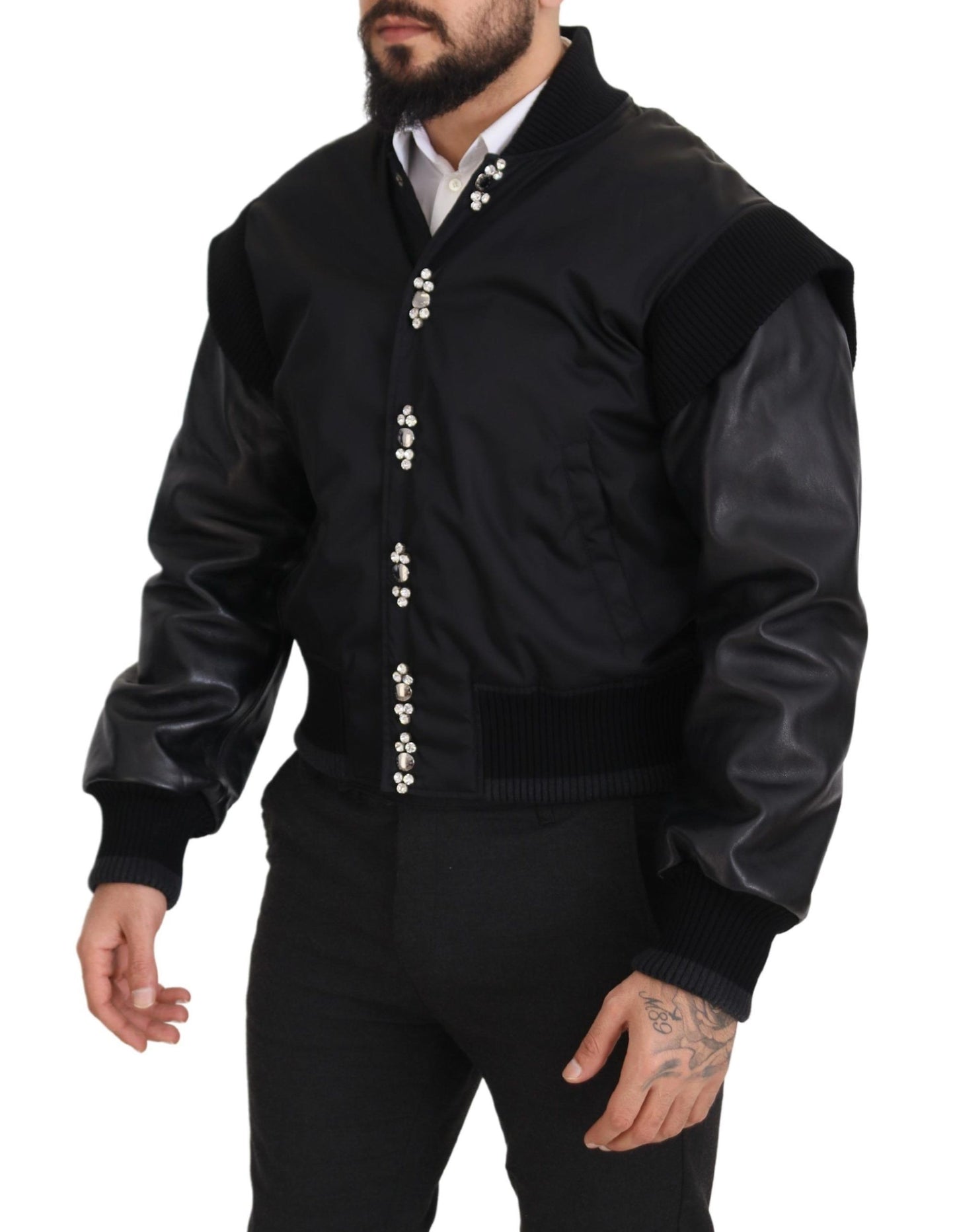 Dolce & Gabbana Schwarze Nylon-Kristallmantel-Knöpfe-Jacke
