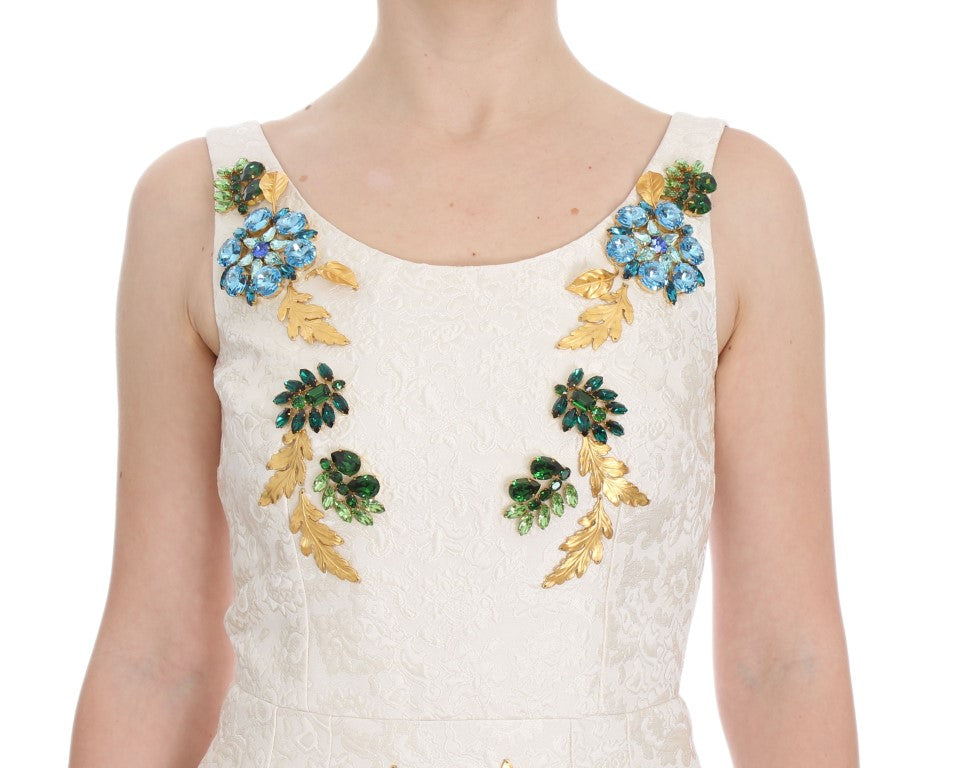 Dolce & Gabbana – Etuikleid aus weißem Brokat mit Kristallen