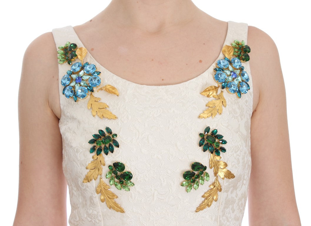 Dolce & Gabbana – Etuikleid aus weißem Brokat mit Kristallen