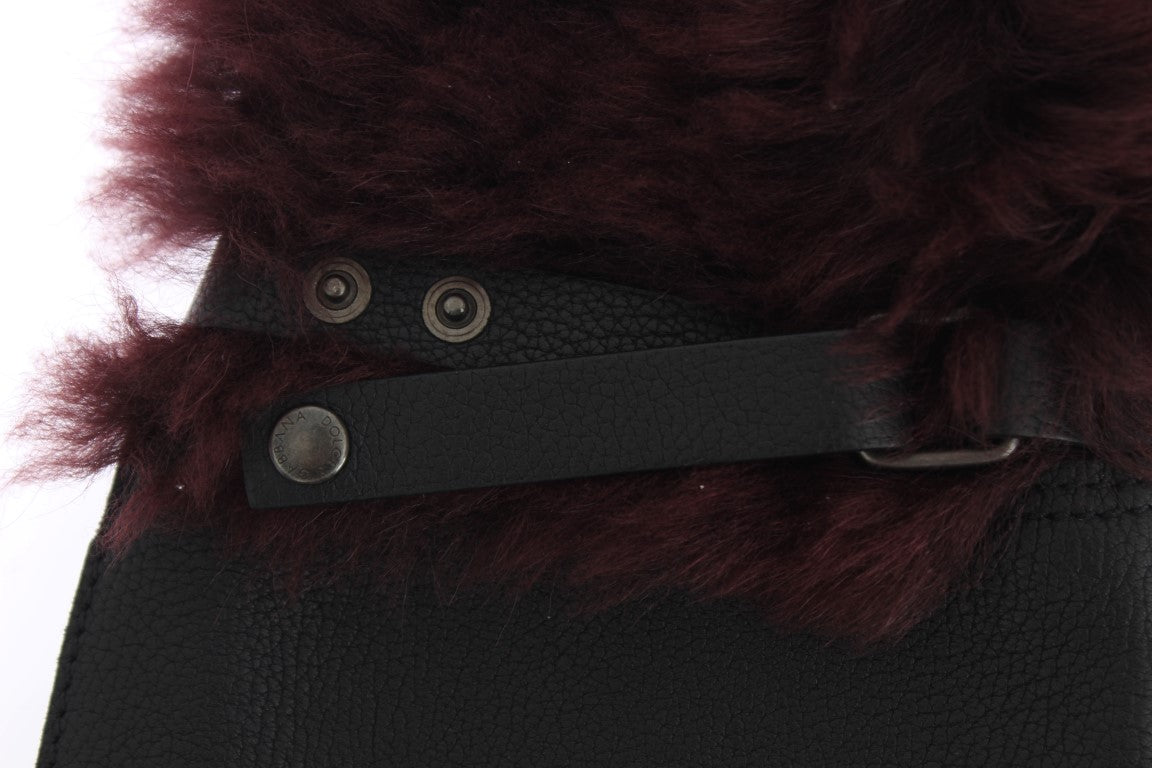 Dolce & Gabbana Schwarze Lederhandschuhe aus Bordeaux-Lammfell