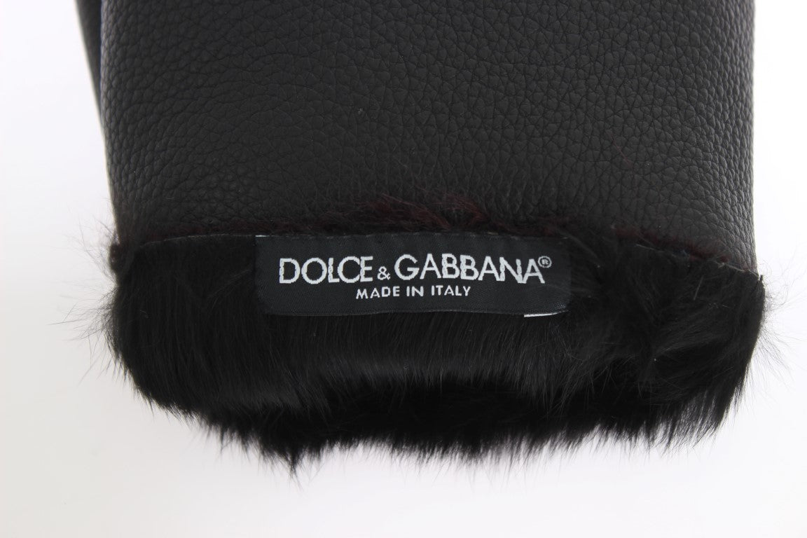 Dolce & Gabbana Schwarze Lederhandschuhe aus Bordeaux-Lammfell
