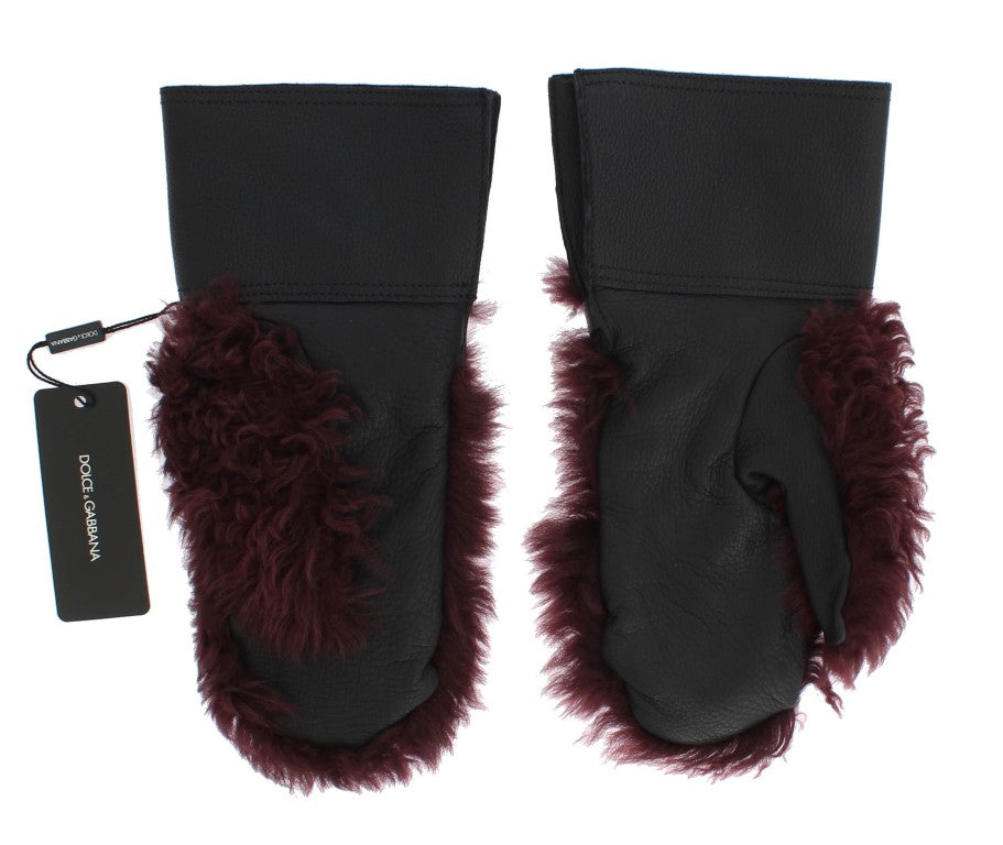 Dolce & Gabbana Schwarze Lederhandschuhe aus Bordeaux-Lammfell