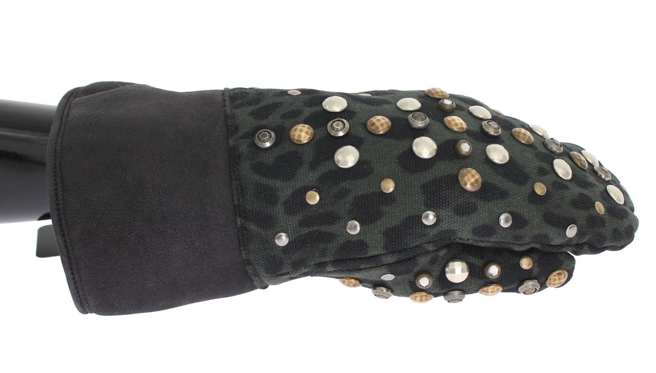 Dolce & Gabbana – Graue Woll-Shearling-Handschuhe mit grünem Leopardenmuster und Nieten