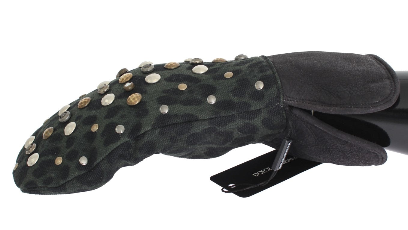 Dolce & Gabbana – Graue Woll-Shearling-Handschuhe mit grünem Leopardenmuster und Nieten