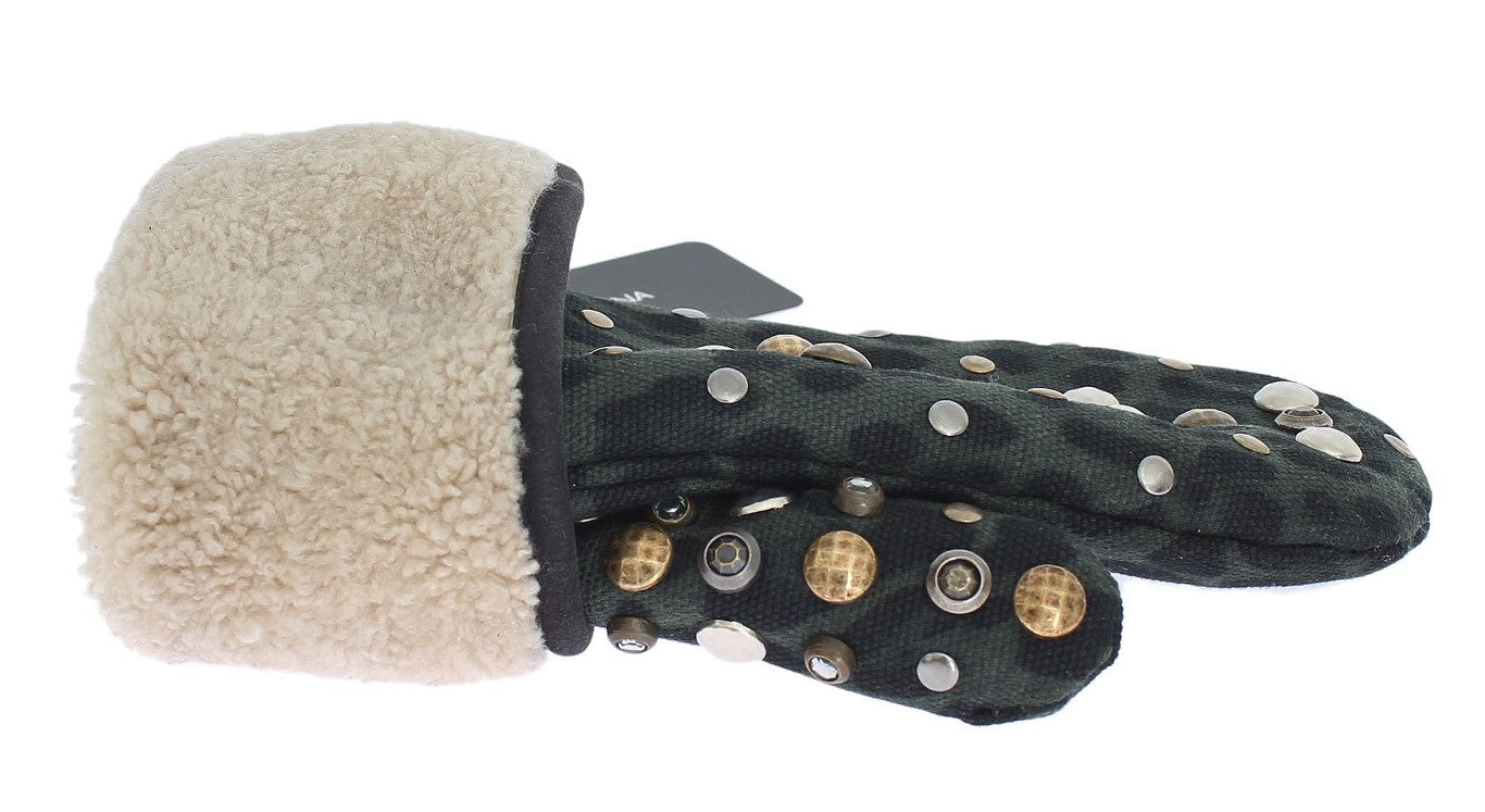 Dolce & Gabbana – Graue Woll-Shearling-Handschuhe mit grünem Leopardenmuster und Nieten