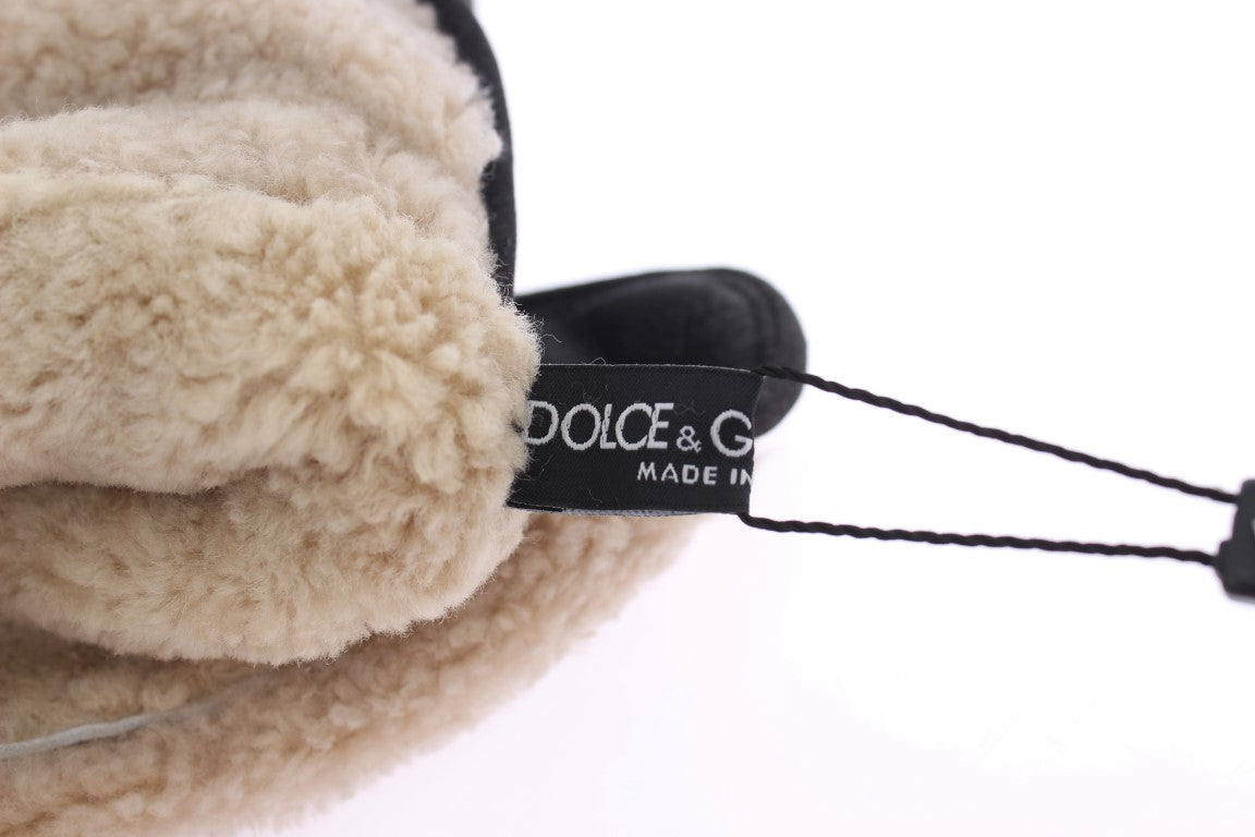 Dolce & Gabbana – Graue Woll-Shearling-Handschuhe mit grünem Leopardenmuster und Nieten
