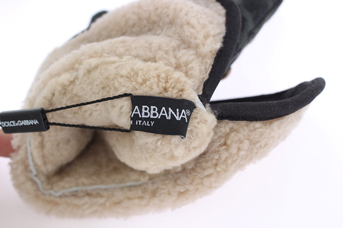 Dolce & Gabbana – Graue Woll-Shearling-Handschuhe mit grünem Leopardenmuster und Nieten