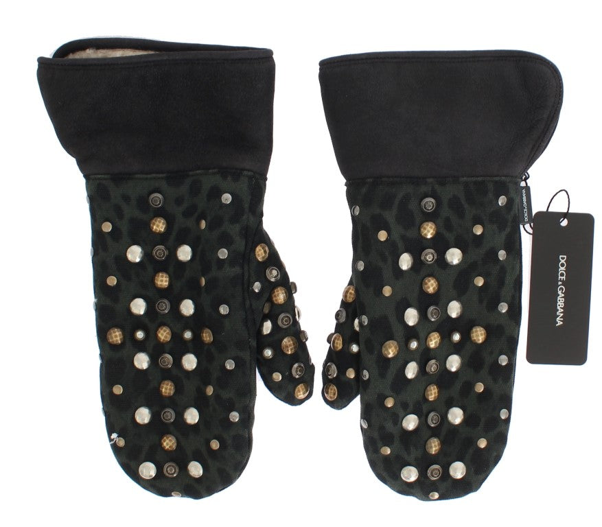 Dolce & Gabbana – Graue Woll-Shearling-Handschuhe mit grünem Leopardenmuster und Nieten