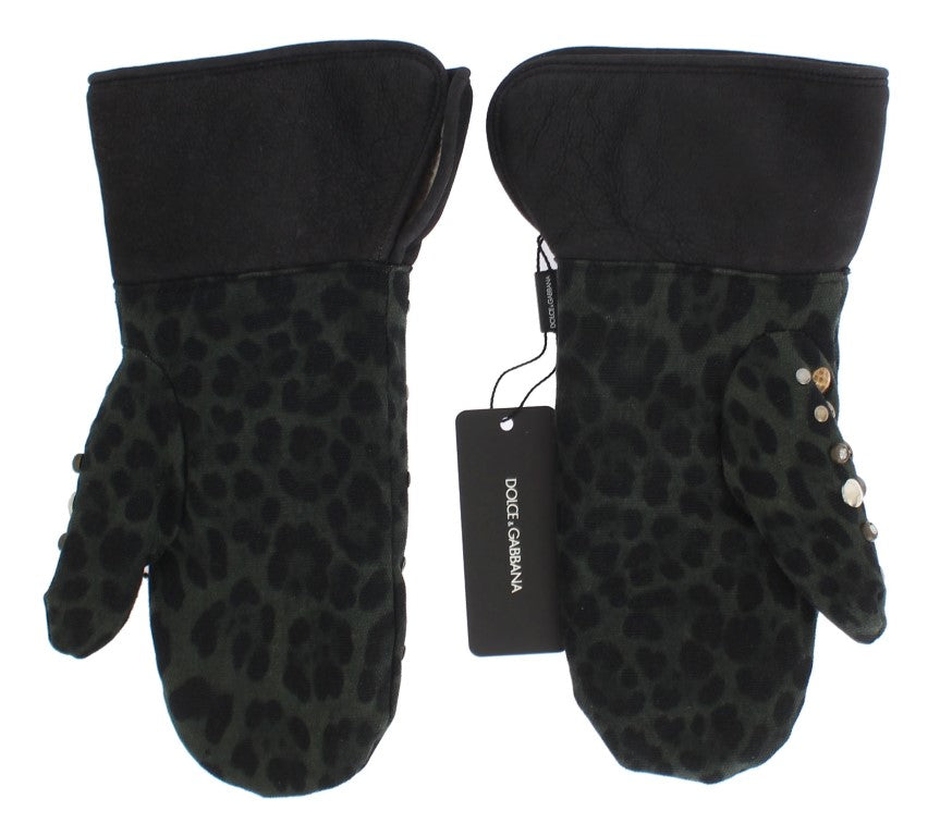 Dolce & Gabbana – Graue Woll-Shearling-Handschuhe mit grünem Leopardenmuster und Nieten