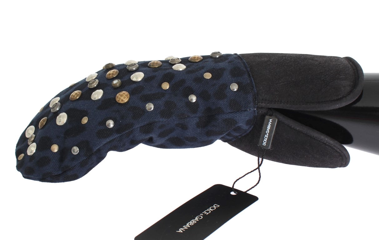 Dolce & Gabbana Graue Woll-Shearling-Handschuhe mit blauen Leopardenmuster und Nieten