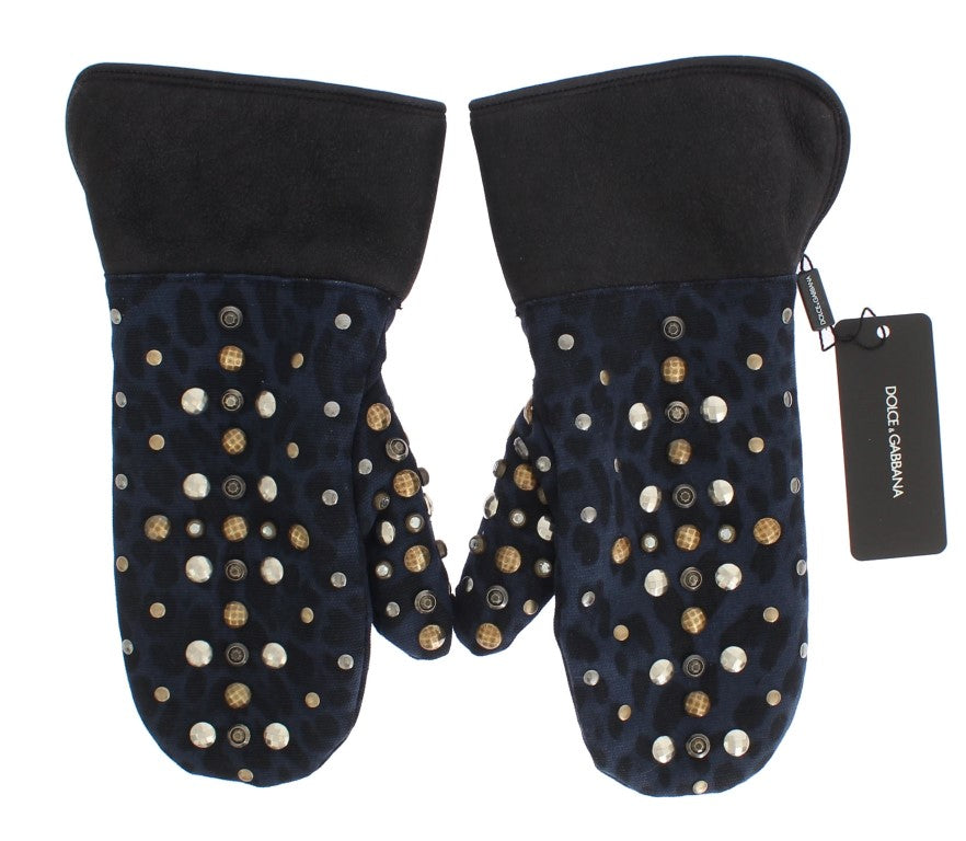 Dolce & Gabbana Graue Woll-Shearling-Handschuhe mit blauen Leopardenmuster und Nieten