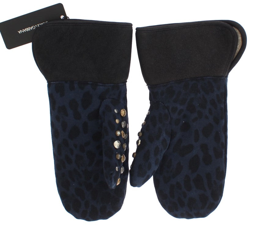 Dolce & Gabbana Graue Woll-Shearling-Handschuhe mit blauen Leopardenmuster und Nieten