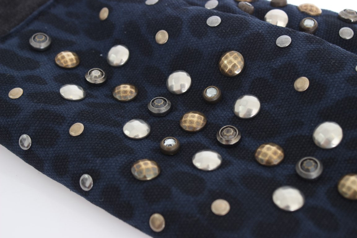 Dolce & Gabbana Graue Woll-Shearling-Handschuhe mit blauen Leopardenmuster und Nieten