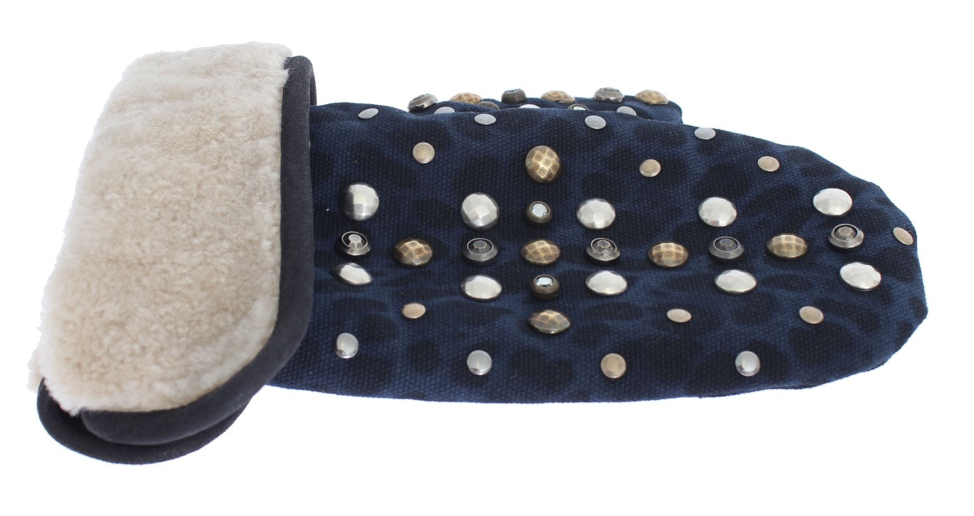 Dolce & Gabbana Graue Woll-Shearling-Handschuhe mit blauen Leopardenmuster und Nieten