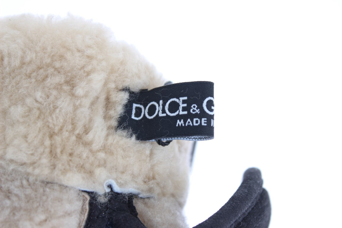 Dolce & Gabbana Graue Woll-Shearling-Handschuhe mit blauen Leopardenmuster und Nieten