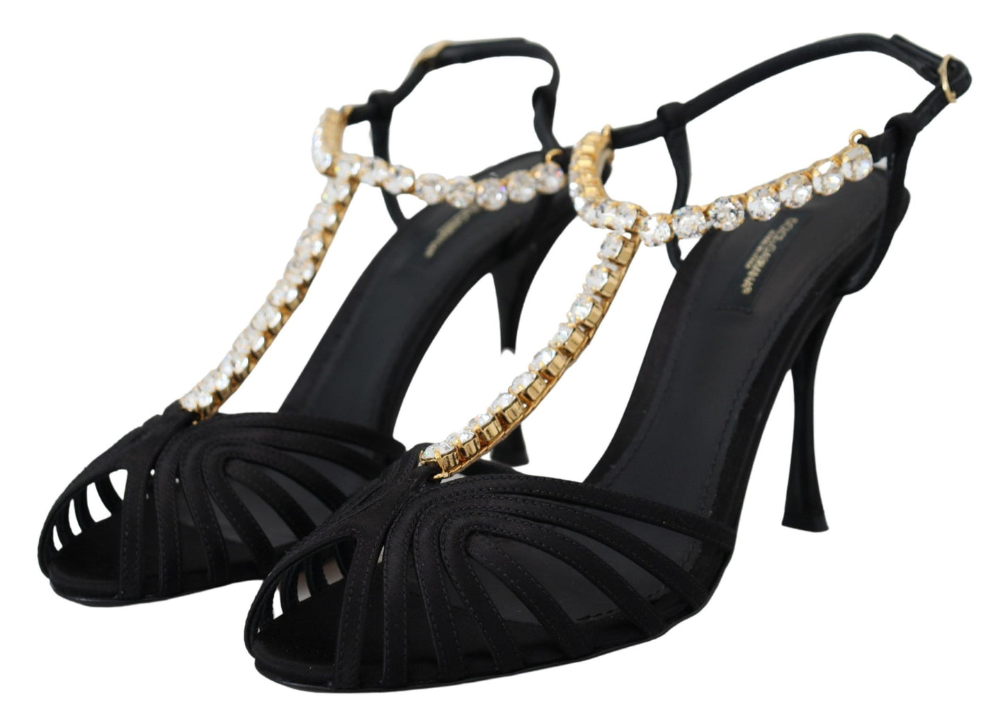 Dolce & Gabbana – Sandalen mit T-Riemen aus schwarzem Satin und durchsichtigem Kristall