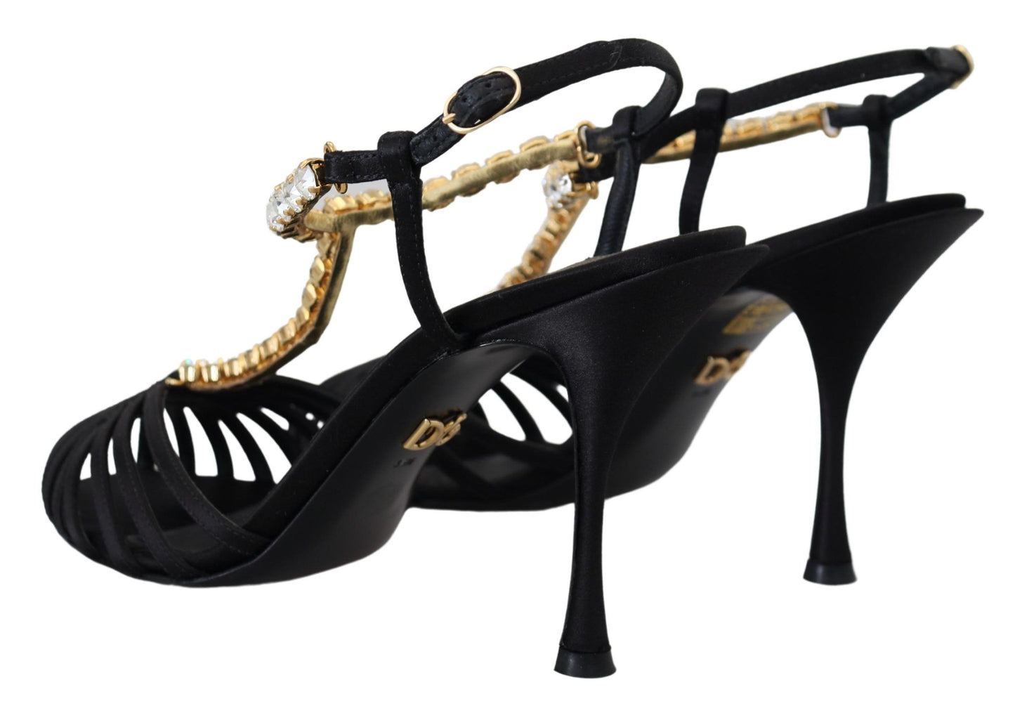 Dolce & Gabbana – Sandalen mit T-Riemen aus schwarzem Satin und durchsichtigem Kristall