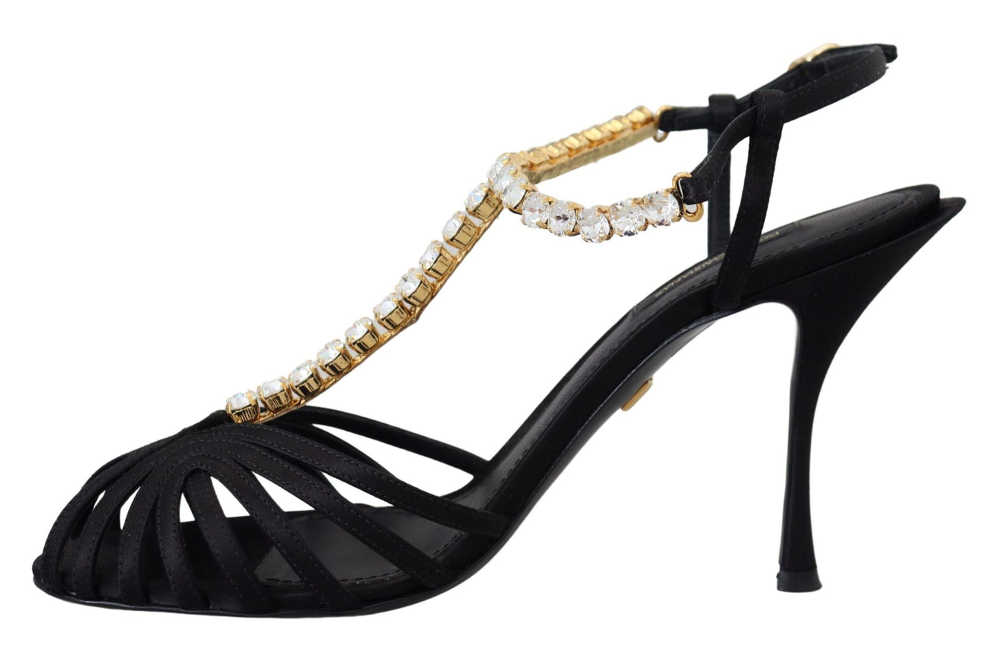 Dolce & Gabbana – Sandalen mit T-Riemen aus schwarzem Satin und durchsichtigem Kristall