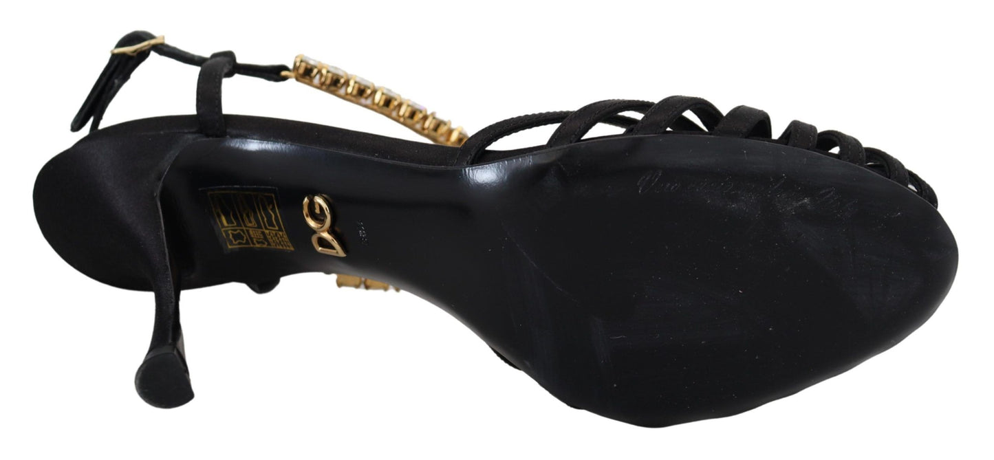 Dolce & Gabbana – Sandalen mit T-Riemen aus schwarzem Satin und durchsichtigem Kristall