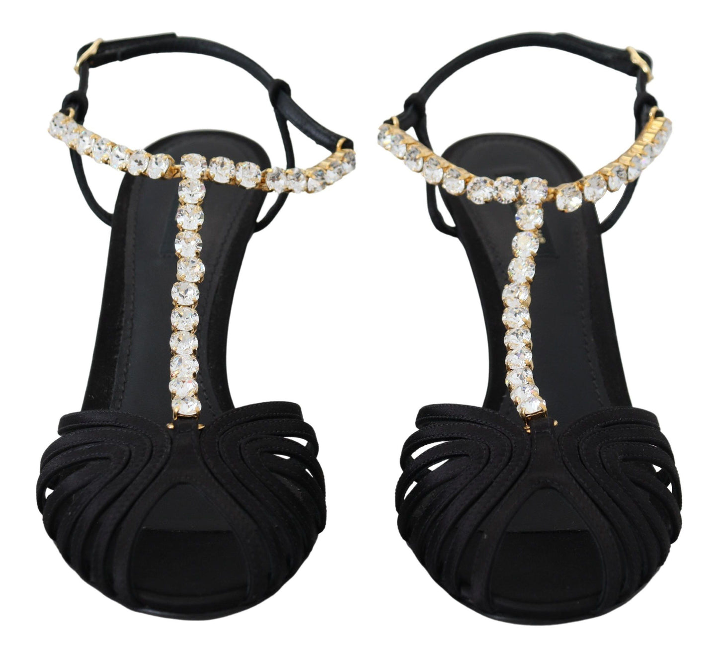 Dolce & Gabbana – Sandalen mit T-Riemen aus schwarzem Satin und durchsichtigem Kristall
