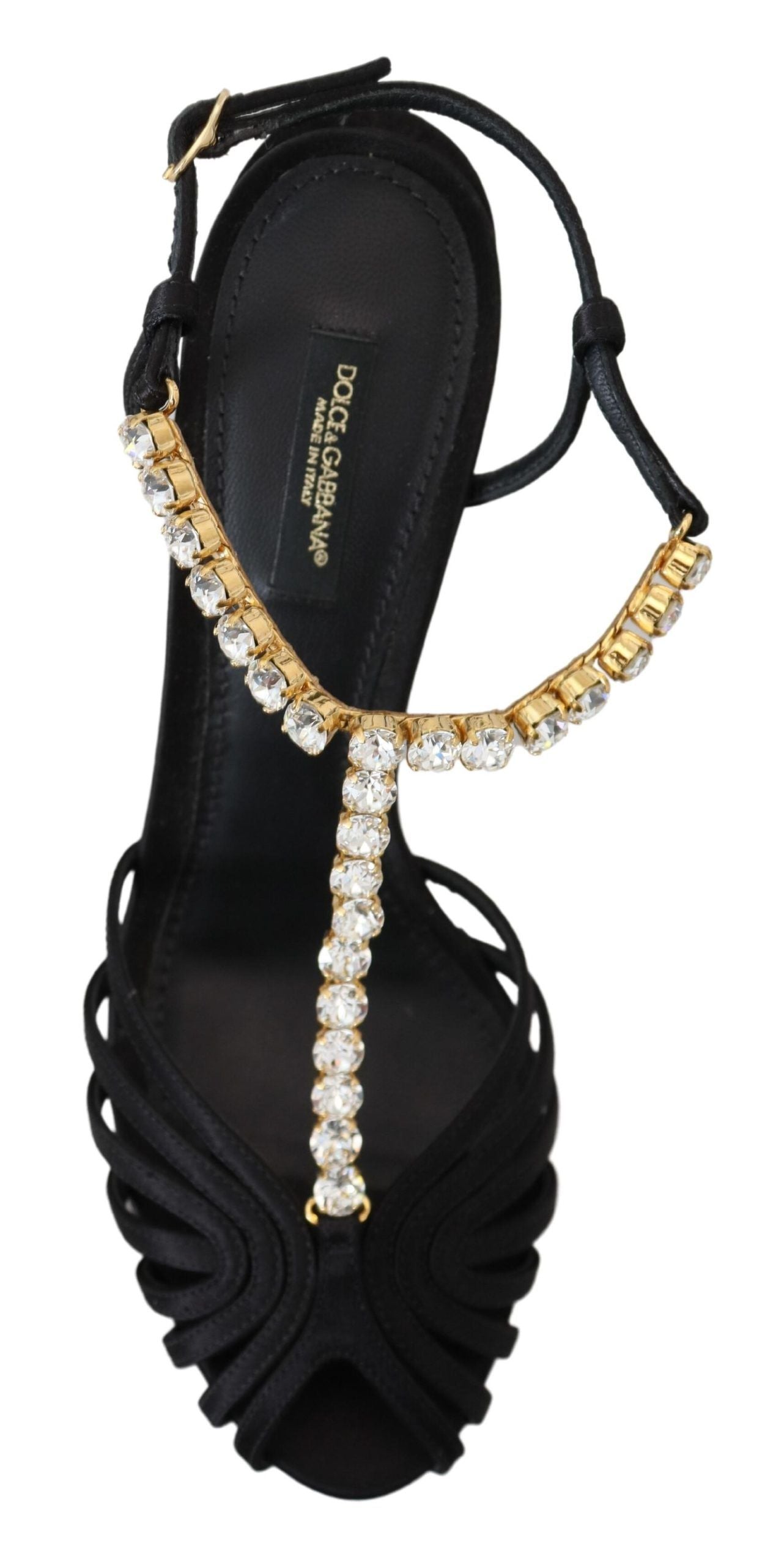 Dolce & Gabbana – Sandalen mit T-Riemen aus schwarzem Satin und durchsichtigem Kristall