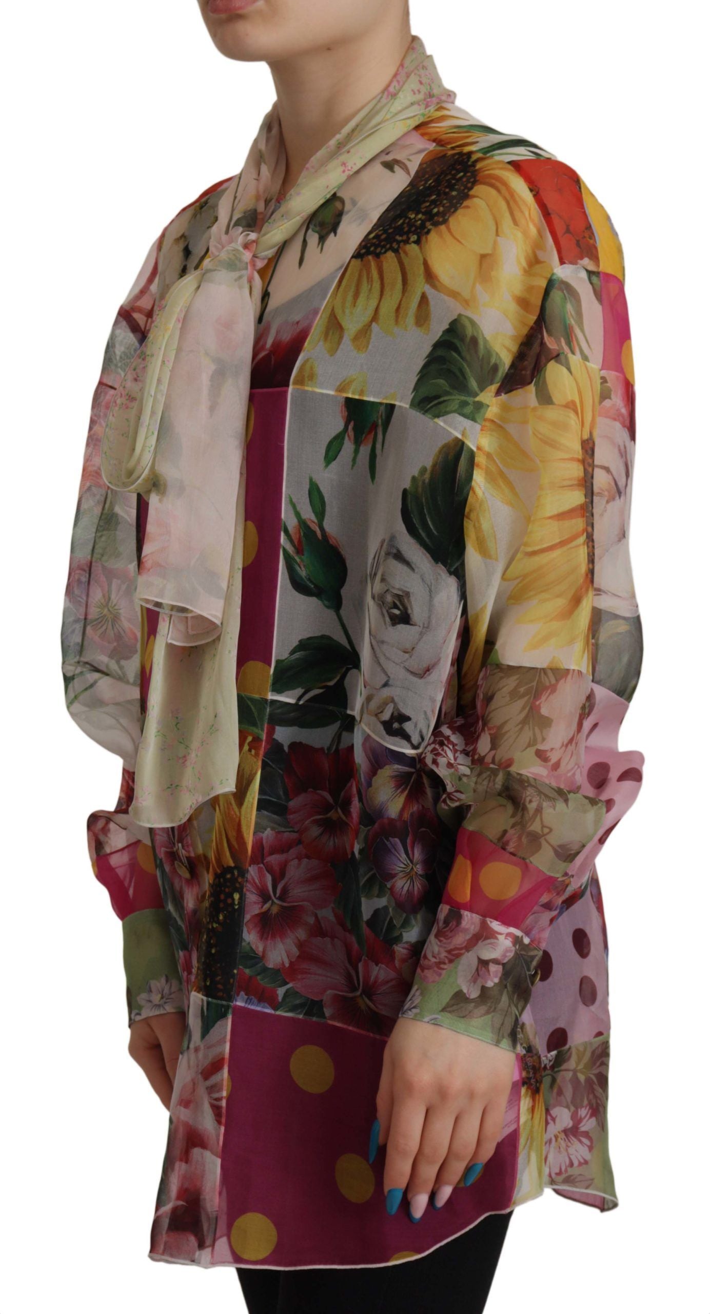 Dolce & Gabbana Mehrfarbiges Patchwork-Blusetop mit Ascot-Kragen