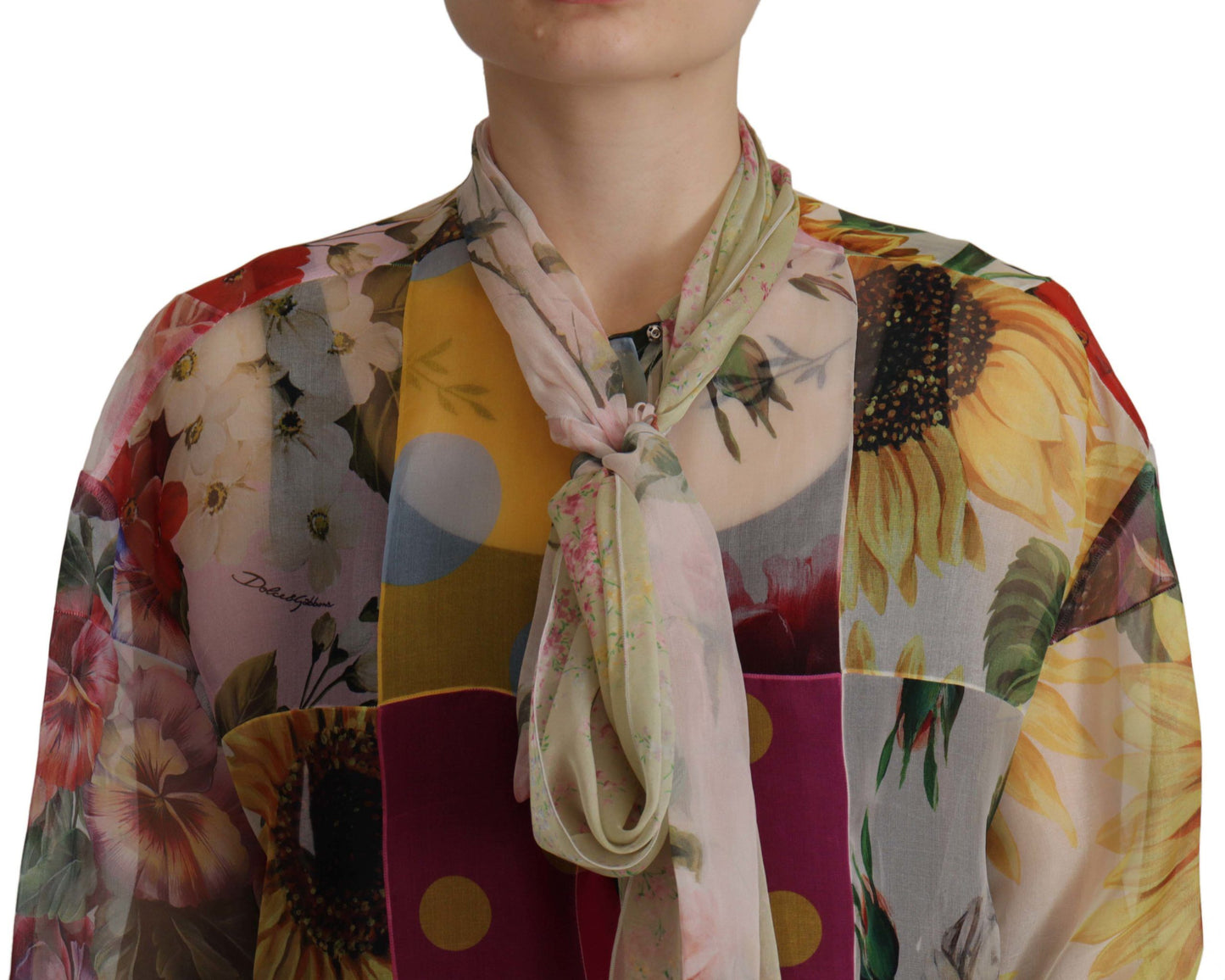 Dolce & Gabbana Mehrfarbiges Patchwork-Blusetop mit Ascot-Kragen