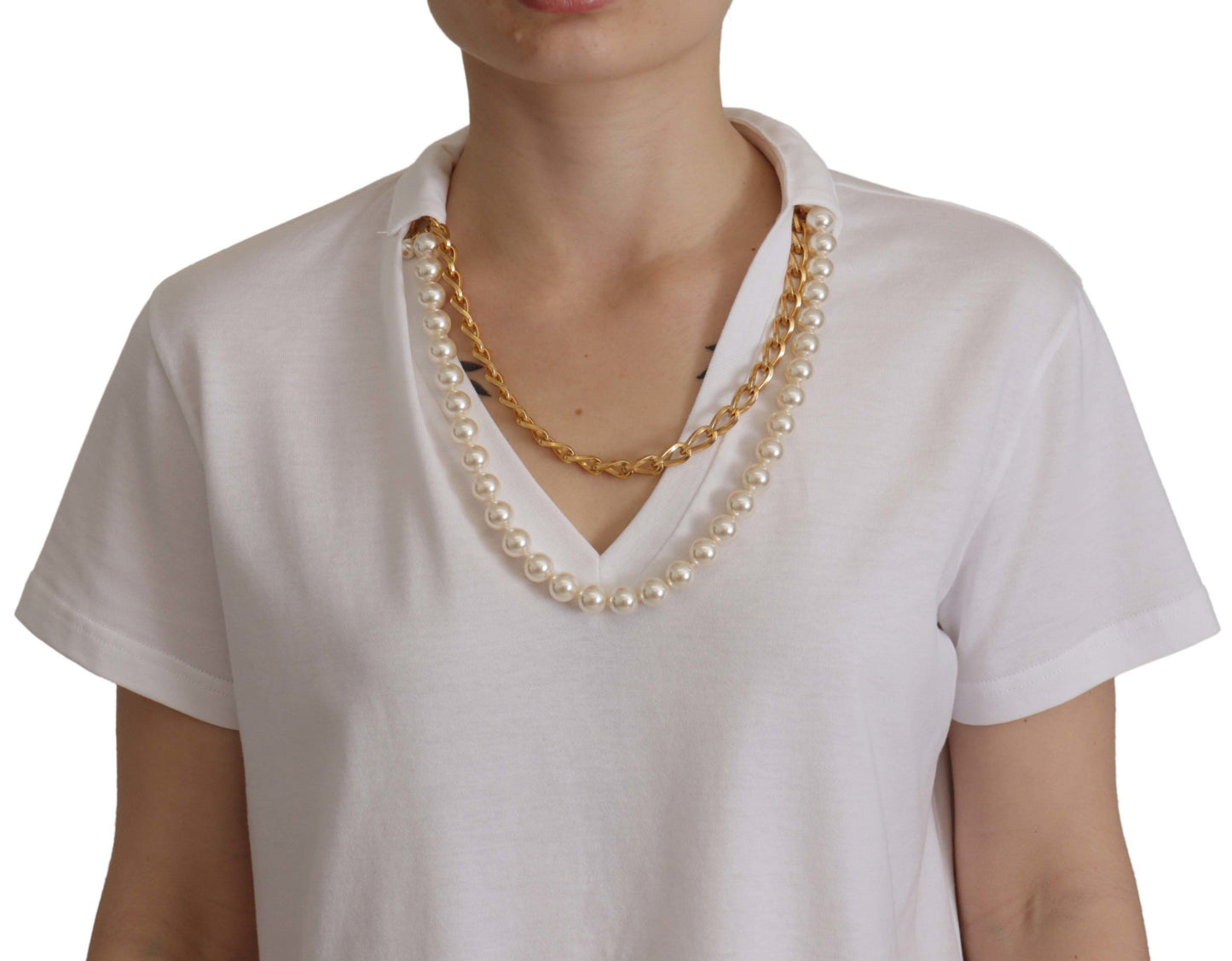 Dolce & Gabbana – Weißes T-Shirt-Oberteil mit Halskette und verziertem Ausschnitt