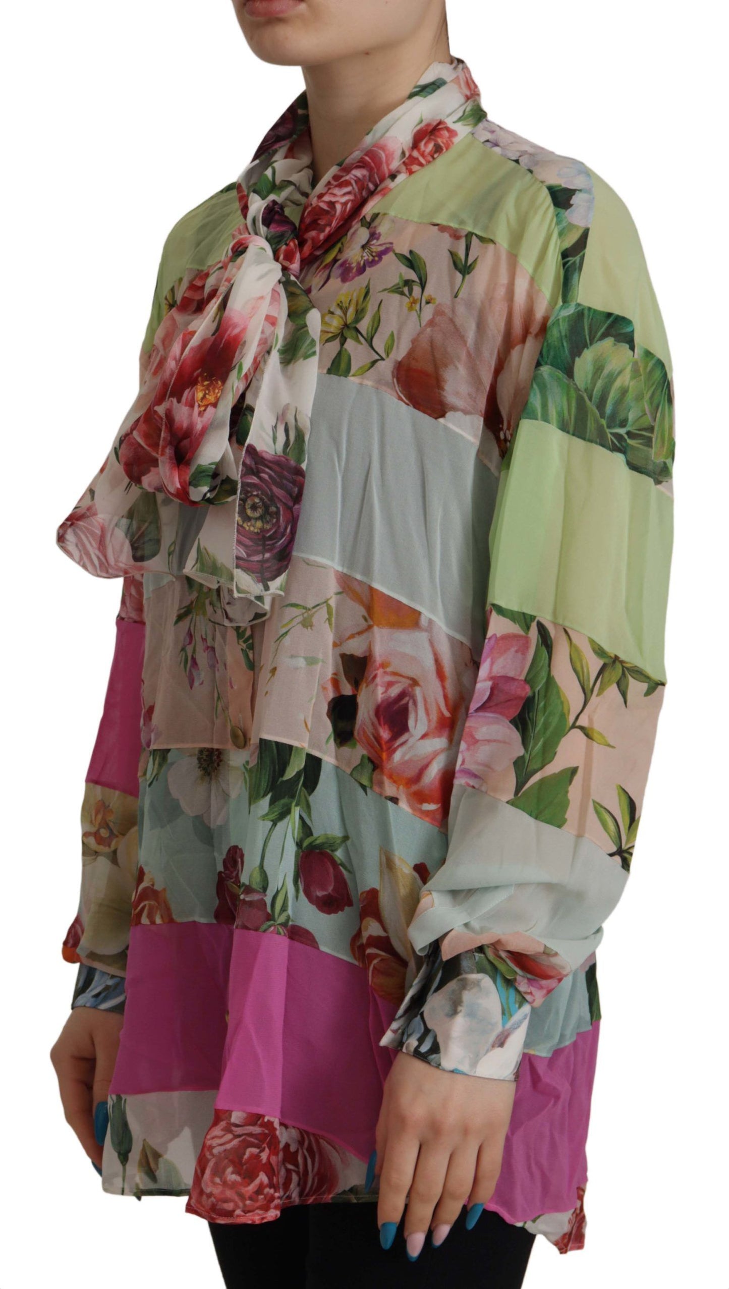 Dolce & Gabbana Bluse mit mehrfarbigem Ascot-Kragen und floralem Patchwork-Design