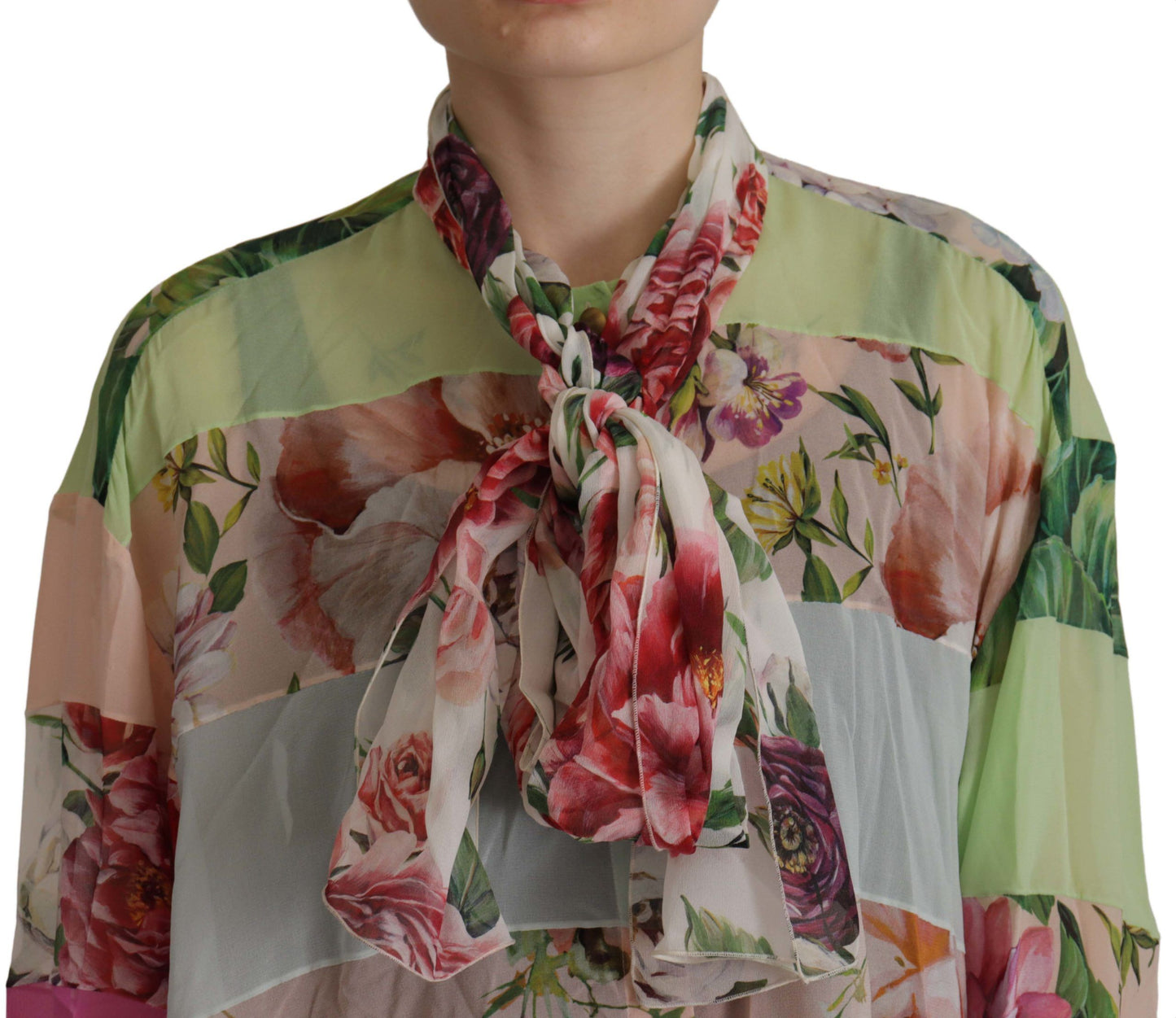 Dolce & Gabbana Bluse mit mehrfarbigem Ascot-Kragen und floralem Patchwork-Design