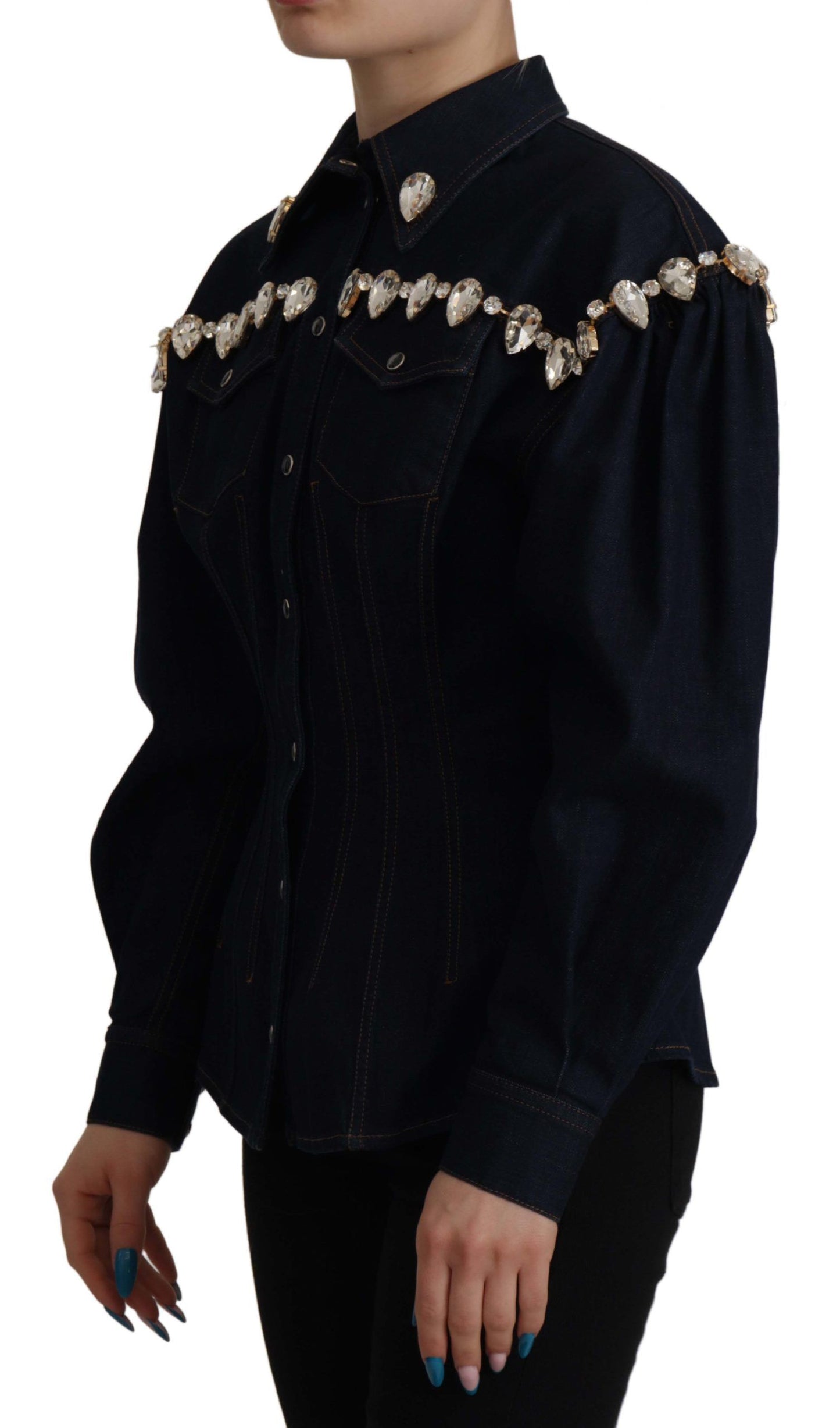 Dolce & Gabbana – Blaue Denim-Baumwolljacke mit Kristallverzierung