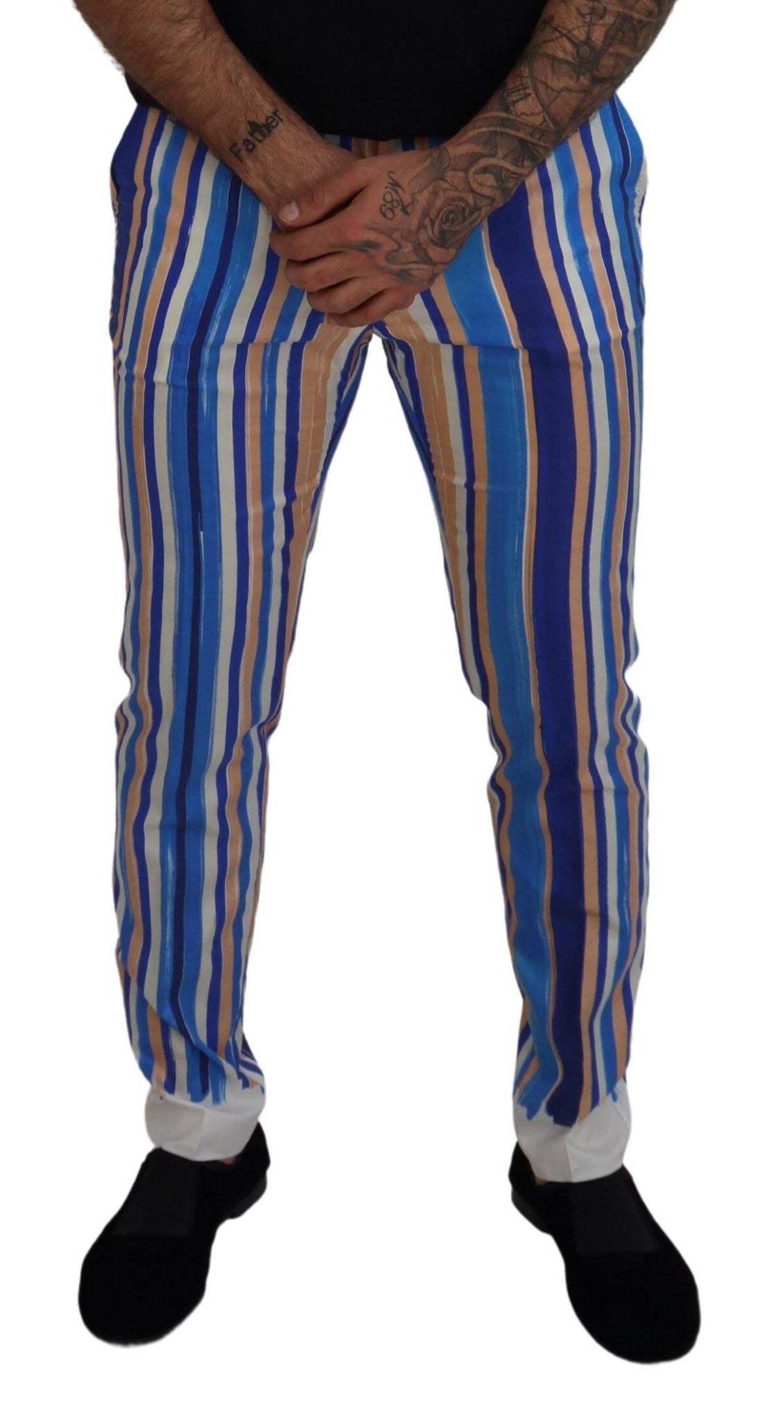 Dolce & Gabbana Blau gestreifte schmale Hose aus Seide und Baumwolle