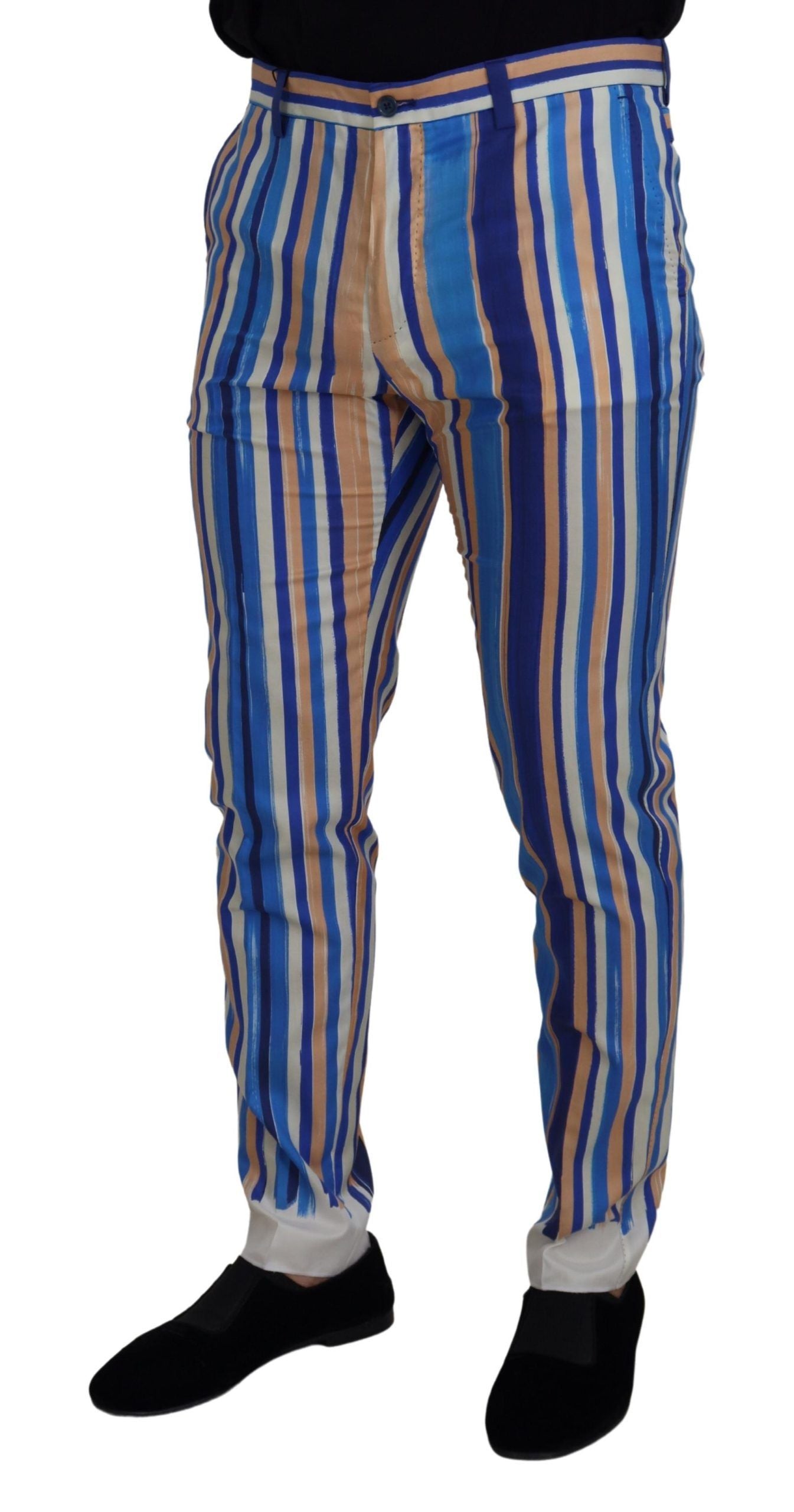 Dolce & Gabbana Blau gestreifte schmale Hose aus Seide und Baumwolle