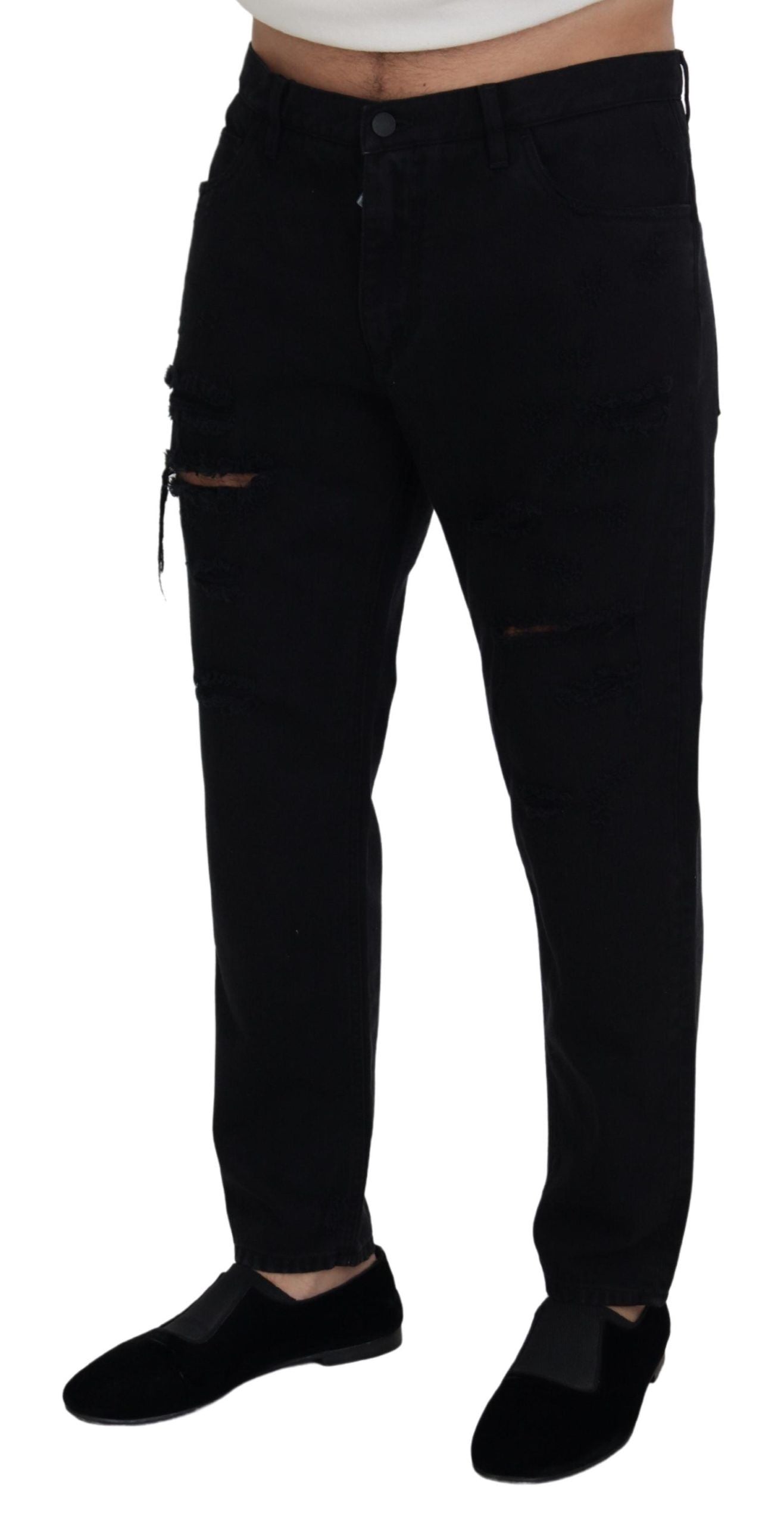 Dolce & Gabbana – Lockere, normale Jeans aus zerrissener Baumwolle in Schwarz