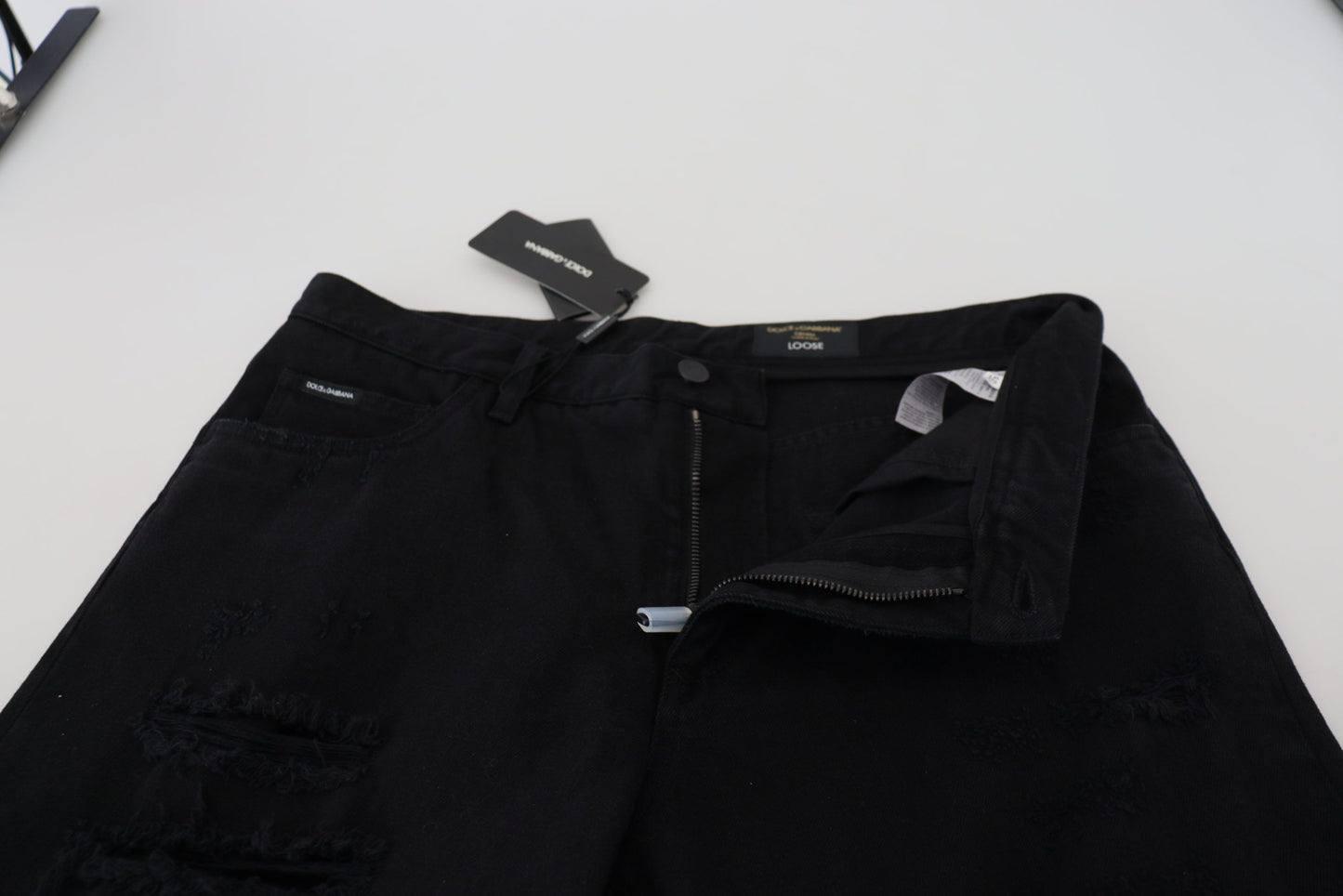 Dolce & Gabbana – Lockere, normale Jeans aus zerrissener Baumwolle in Schwarz
