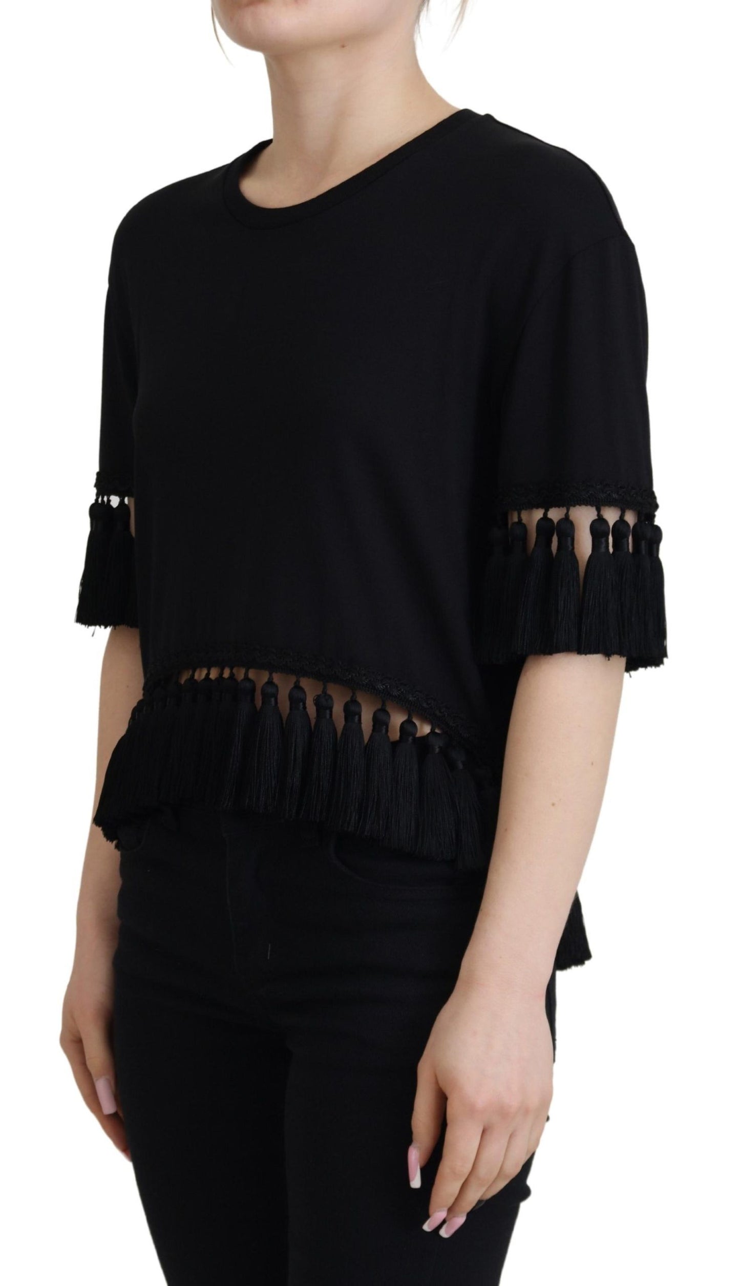 Dolce & Gabbana Schwarze T-Shirt-Bluse mit Quasten aus Baumwolle