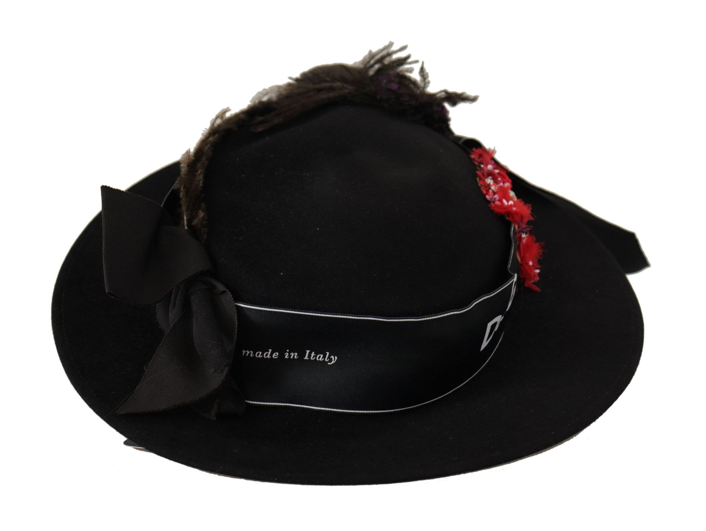 Dolce & Gabbana – Schwarzer Fedora-Hut mit Lapil-Kristallherz-Federbrosche