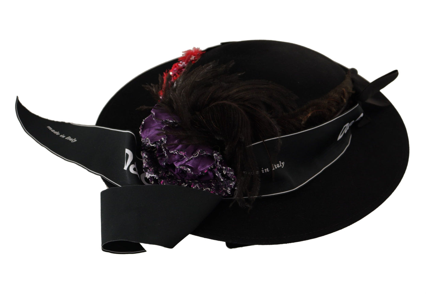 Dolce & Gabbana – Schwarzer Fedora-Hut mit Lapil-Kristallherz-Federbrosche