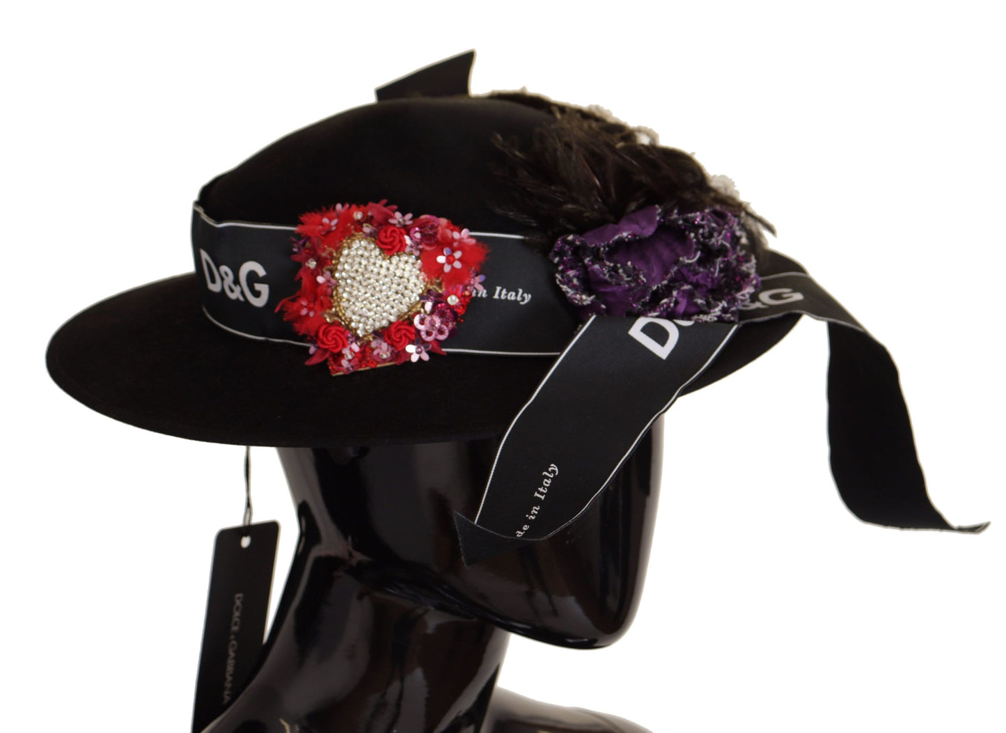 Dolce & Gabbana – Schwarzer Fedora-Hut mit Lapil-Kristallherz-Federbrosche