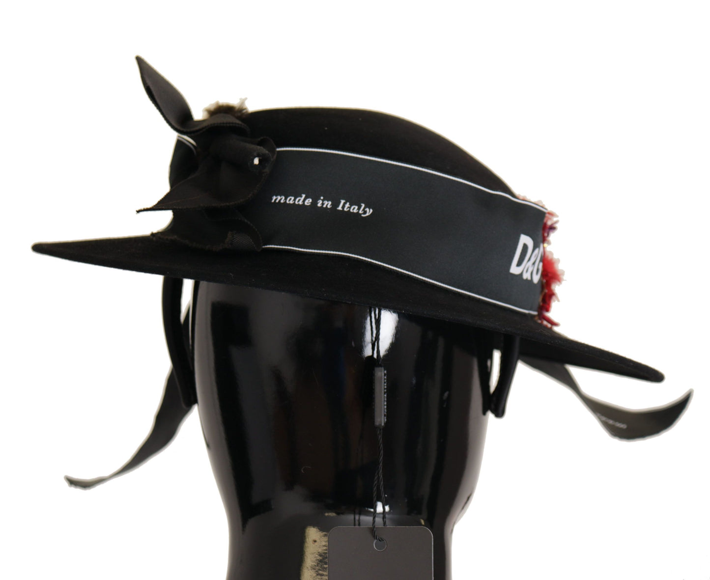 Dolce & Gabbana – Schwarzer Fedora-Hut mit Lapil-Kristallherz-Federbrosche