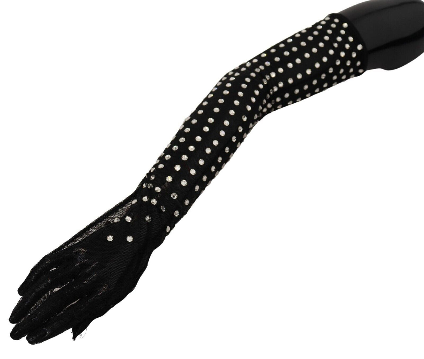 Dolce & Gabbana – Schwarze, ellenbogenlange Handschuhe aus Baumwolltüll mit Kristallen