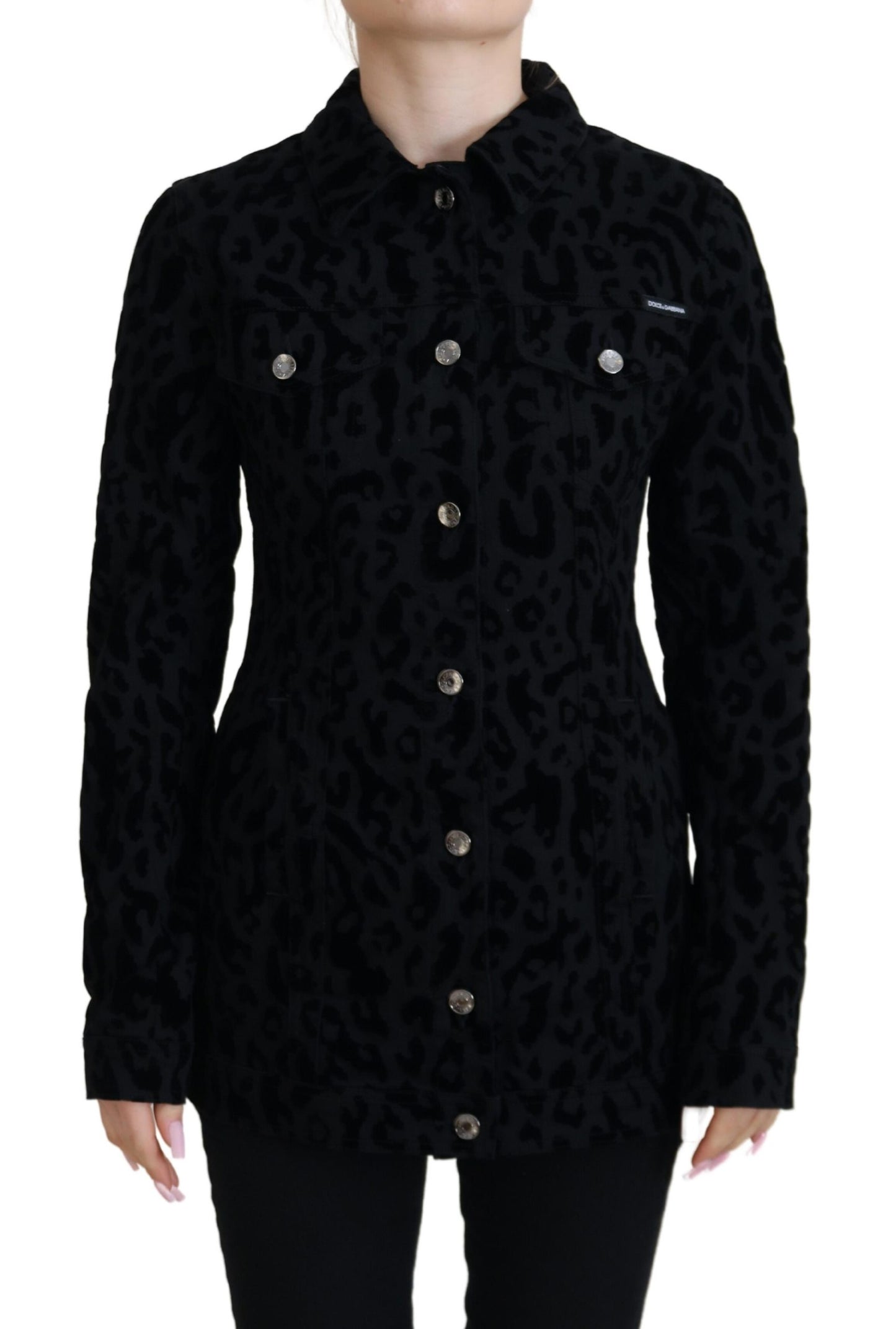 Dolce & Gabbana – Schwarze Jeansjacke mit langen Ärmeln und Leopardenmuster