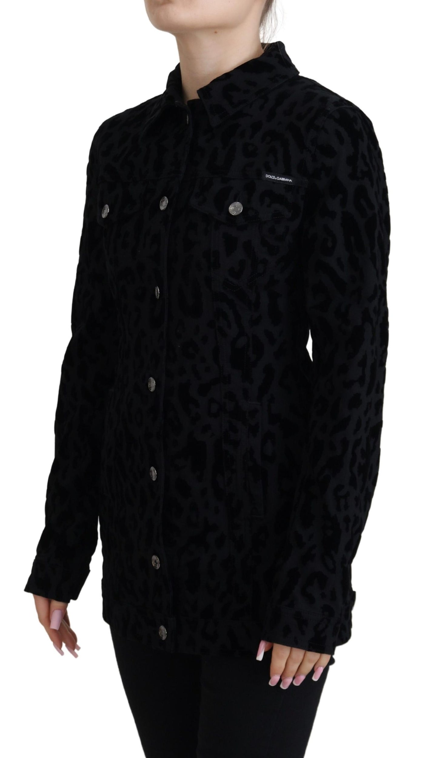 Dolce & Gabbana – Schwarze Jeansjacke mit langen Ärmeln und Leopardenmuster