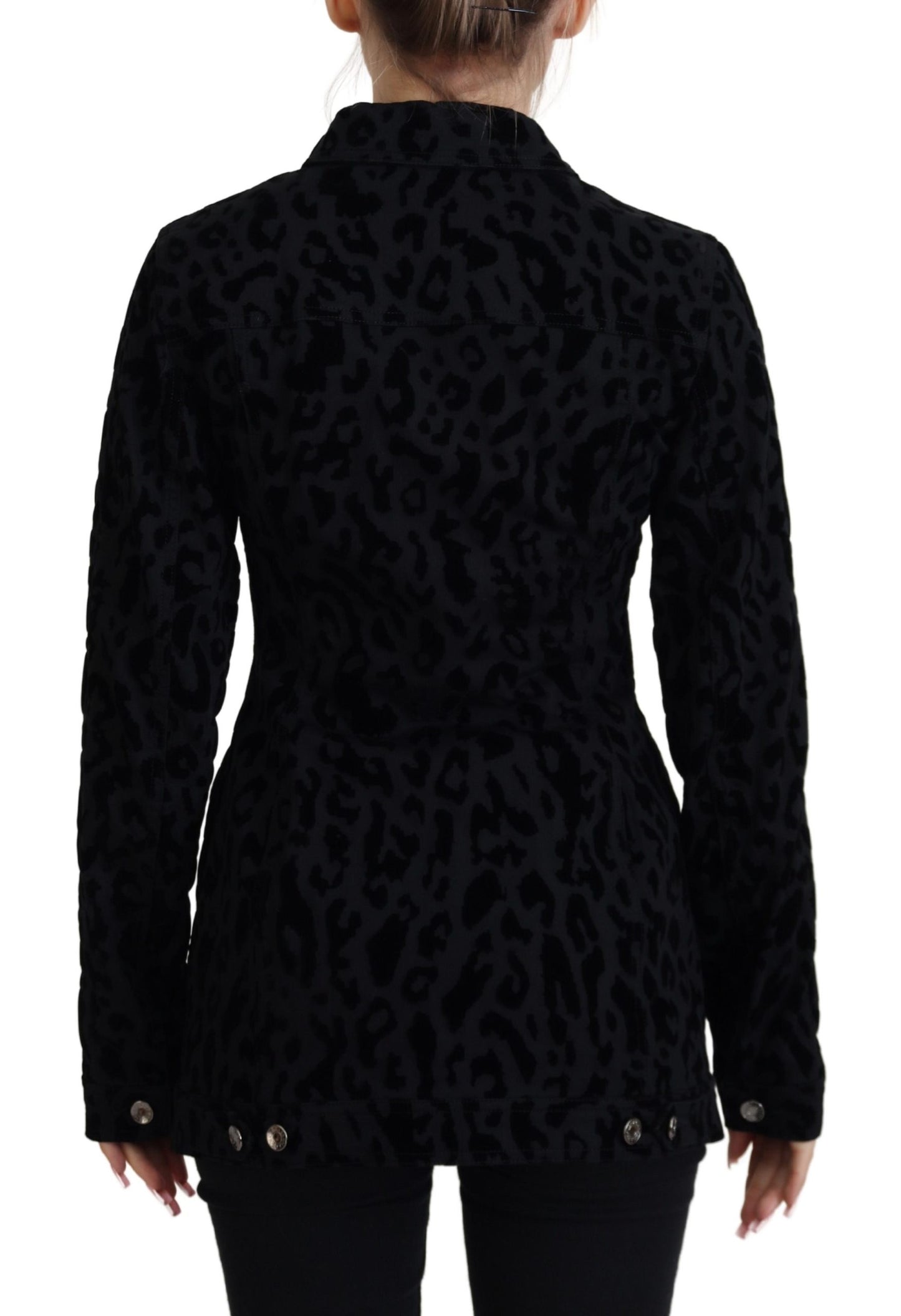 Dolce & Gabbana – Schwarze Jeansjacke mit langen Ärmeln und Leopardenmuster