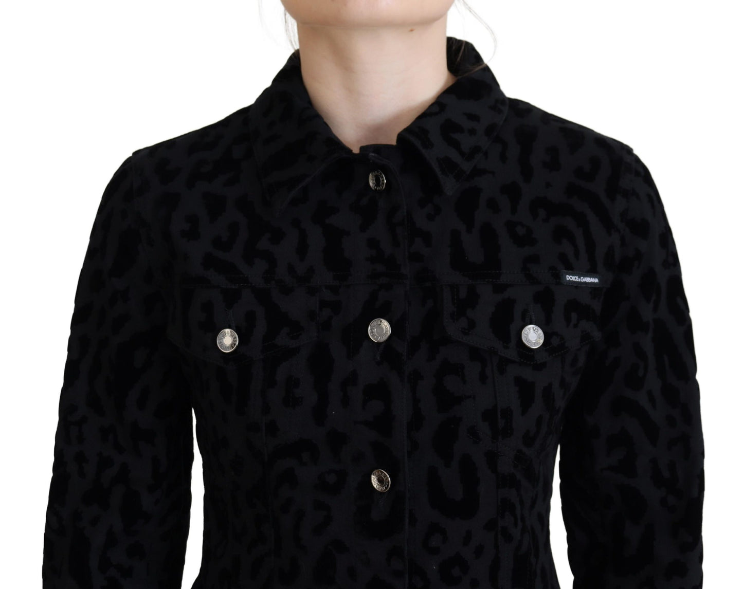 Dolce & Gabbana – Schwarze Jeansjacke mit langen Ärmeln und Leopardenmuster