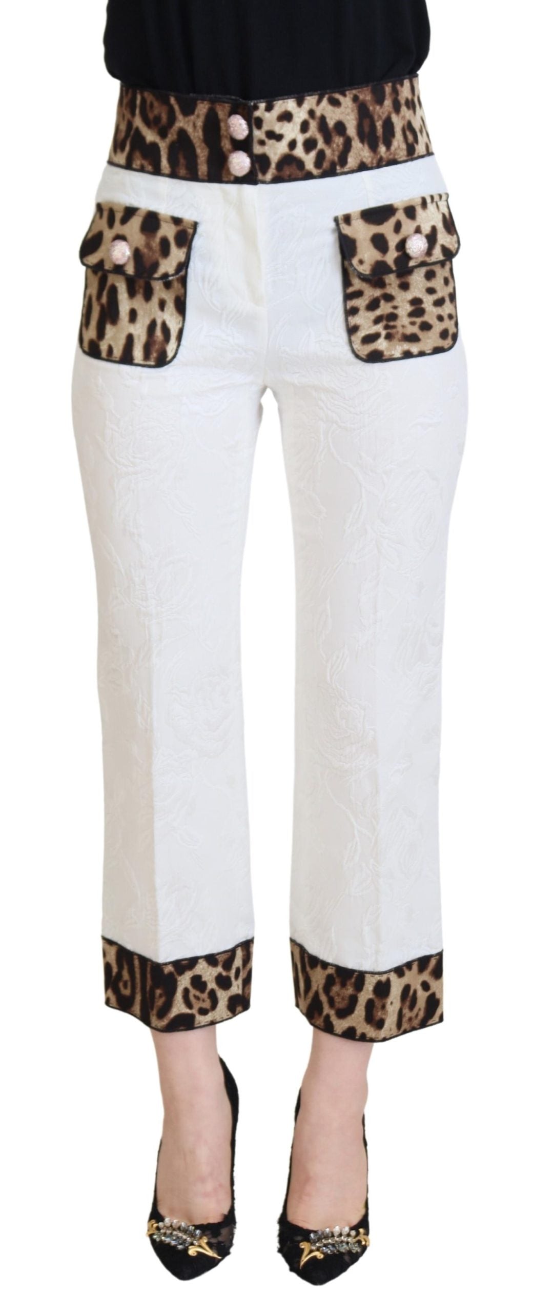Dolce & Gabbana – Weiße Hose mit hohem Bund und Leopardenmuster