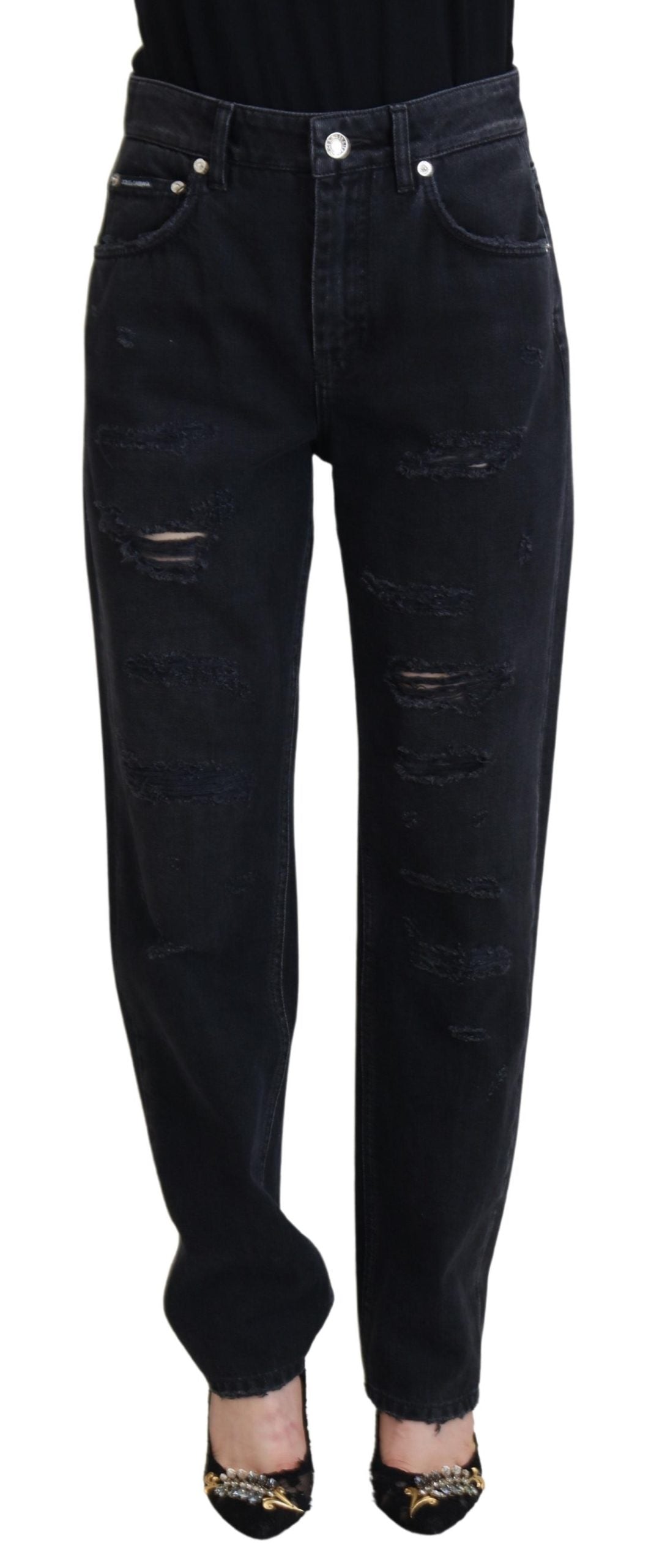 Dolce & Gabbana – Zerfetzte Jeans aus schwarzer Baumwolle mit hoher Taille